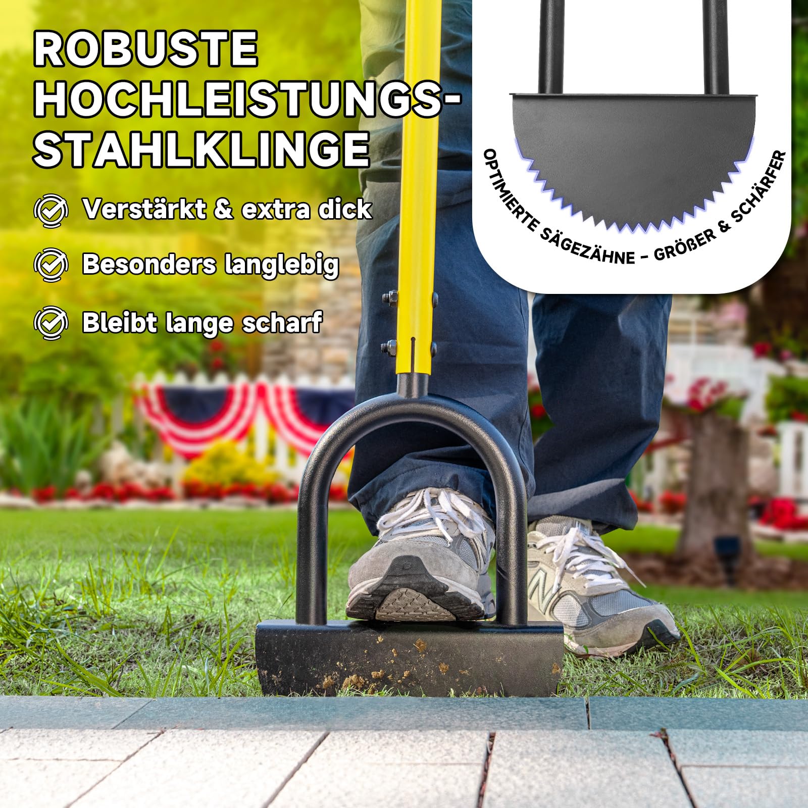 Manueller Rasenkantenstecher mit Verstellbarer Länge von 96–106 cm, Sägezahn-Kantenstecher mit breiter Trittfläche und Klinge aus Manganstahl, Gartenwerkzeug zum Abstechen von Beeten