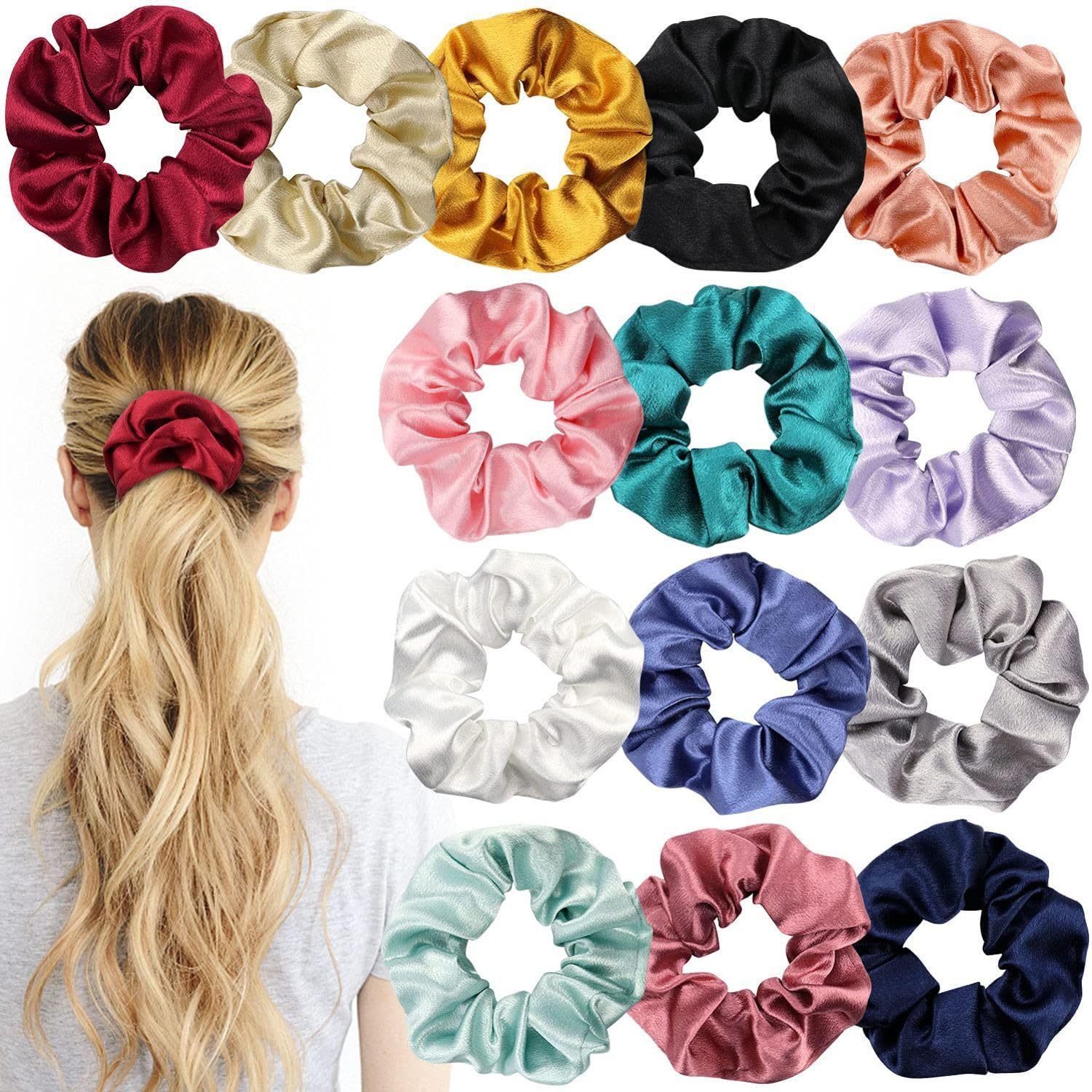 Satin Scrunchies for Hair Satin Ponytail Silk Scrunchies for Women Scrunchies for Girls Hair Ties Solid Color Hair Bands Scrunchy PACK of 12-image-38