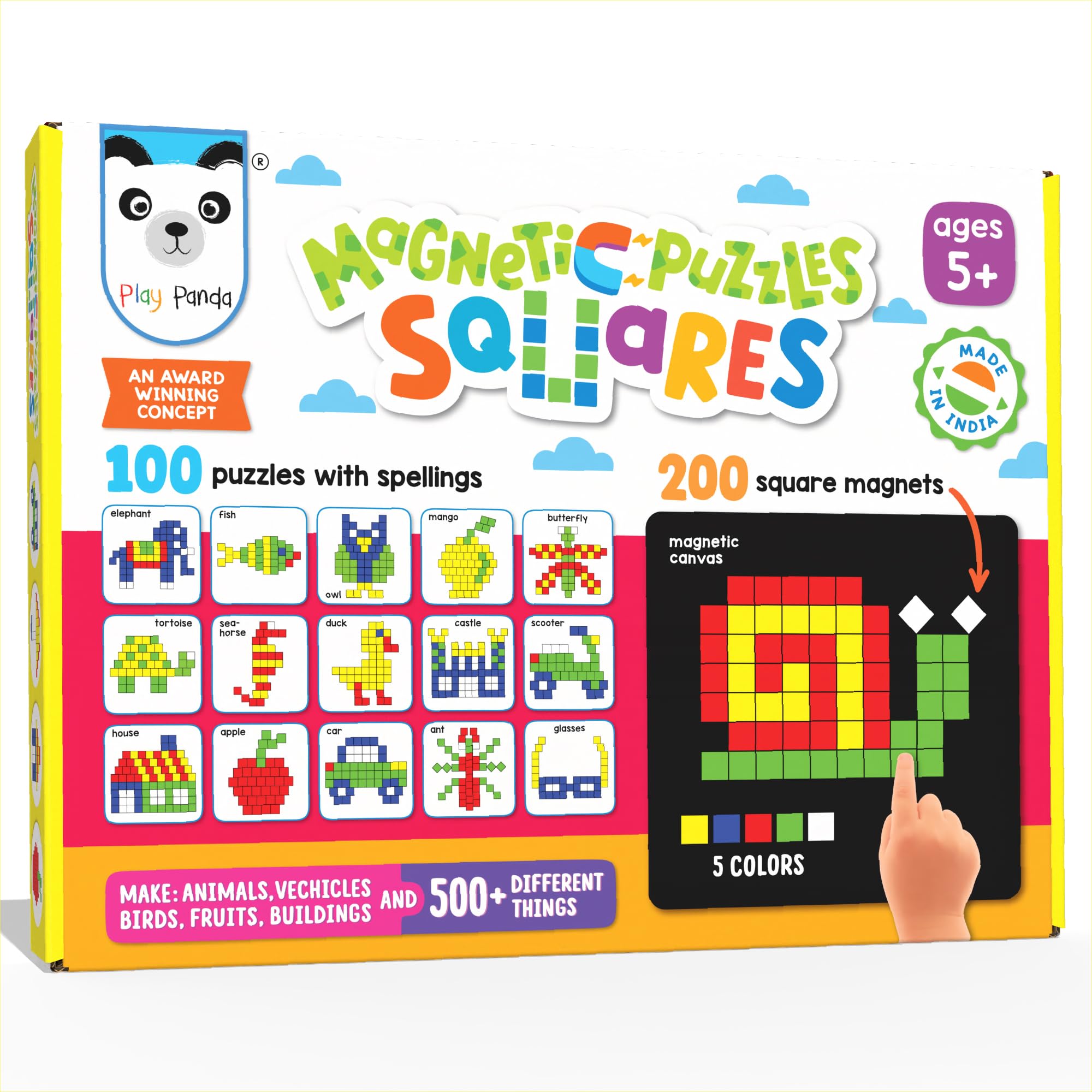 PLAY PANDA New Magnetic Puzzles : Squares - includes 250 Colorful Magnets pieces, 100 Puzzle book, Board and Display Stand,Multicolor, 200 Pieces