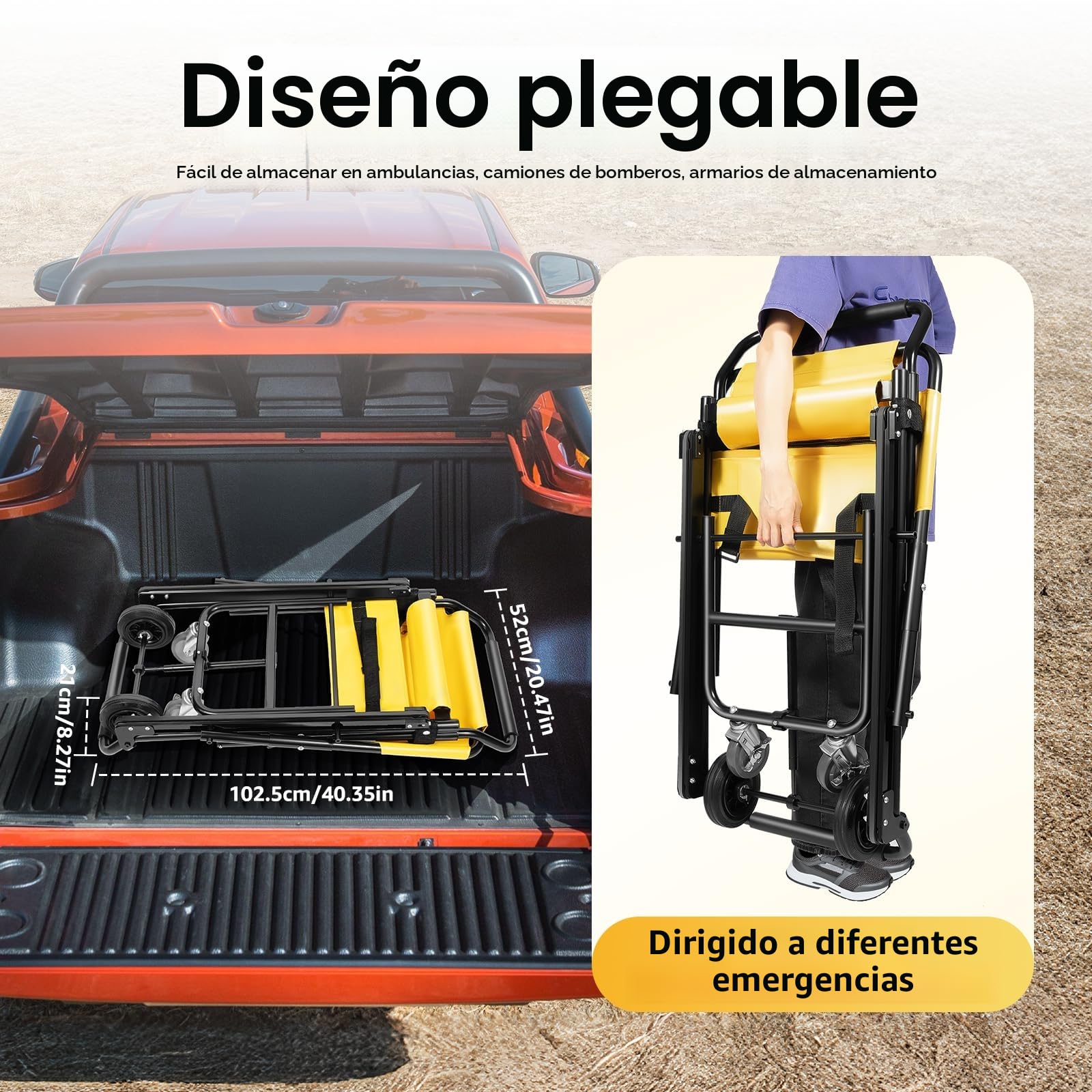 Silla de ruedas plegable para subir escaleras plegable, con reposacabezas ajustable y cinturones de seguridad