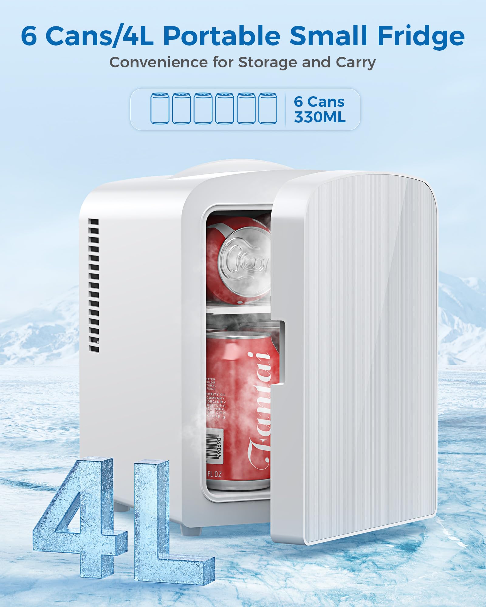 Mini frigorifero portatile compatto da 4 l/6 lattine, piccolo frigorifero per la cura della pelle, cibo e bevande, piccolo frigorifero per camera da letto, dormitorio, auto, ufficio, bianco