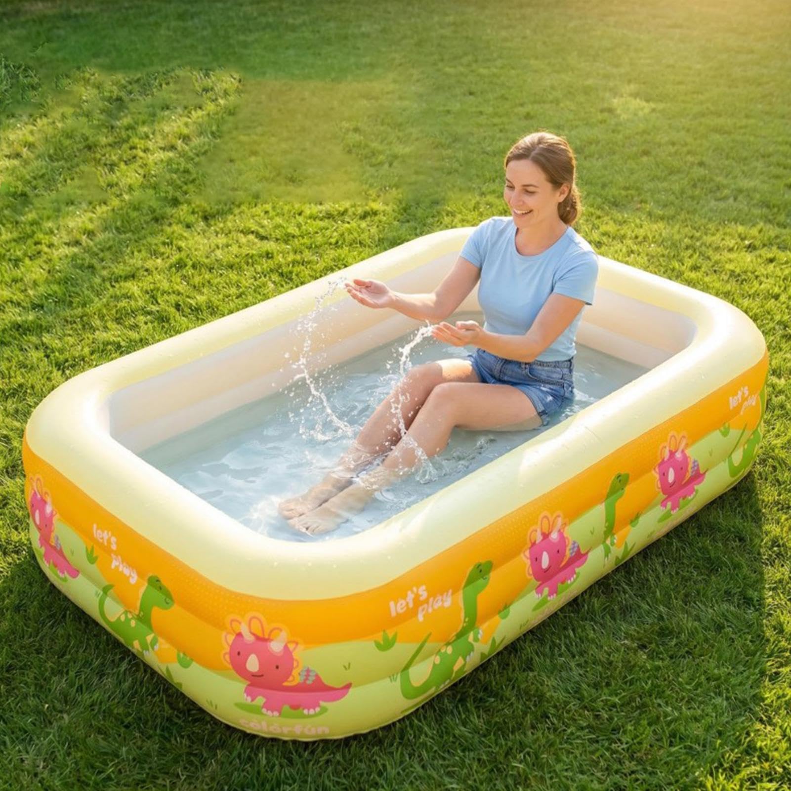 Aufblasbarer Pool Rechteckig Dino-Print Verstärkt Kinder Erwachsene Garten | Widerstandsfähigem PVC, Familienpool Für Wasserspaß. Ideal Für Garten, Hinterhof, Sommerpartys Und Den Außenbereich