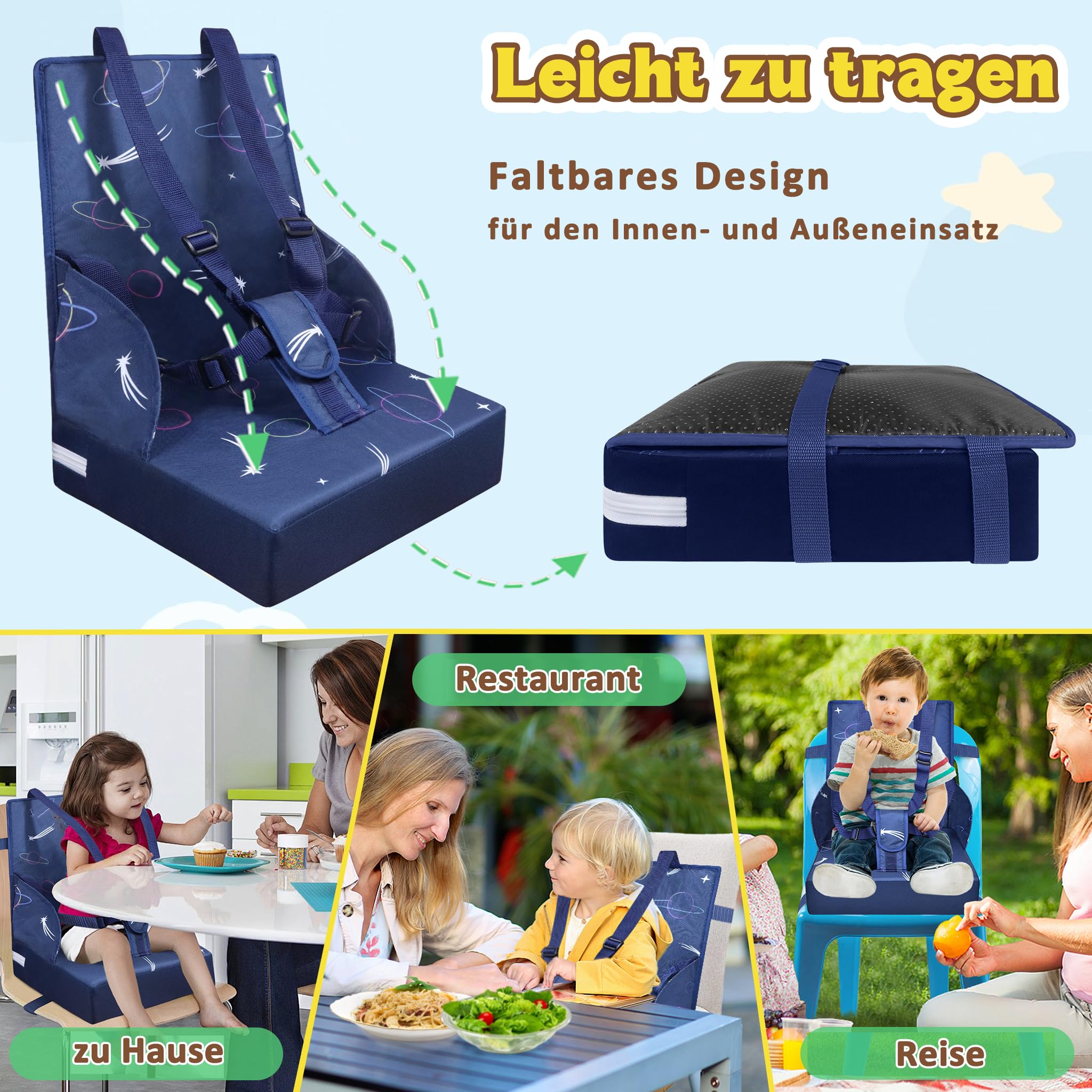 UISEBRT Podwyższenie siedziska dla dziecka, przenośna poduszka do siedzenia dla dzieci z regulowanym pasem bezpieczeństwa, antypoślizgowe, nadaje się do prania, fotel boster, do domu, w podróży,