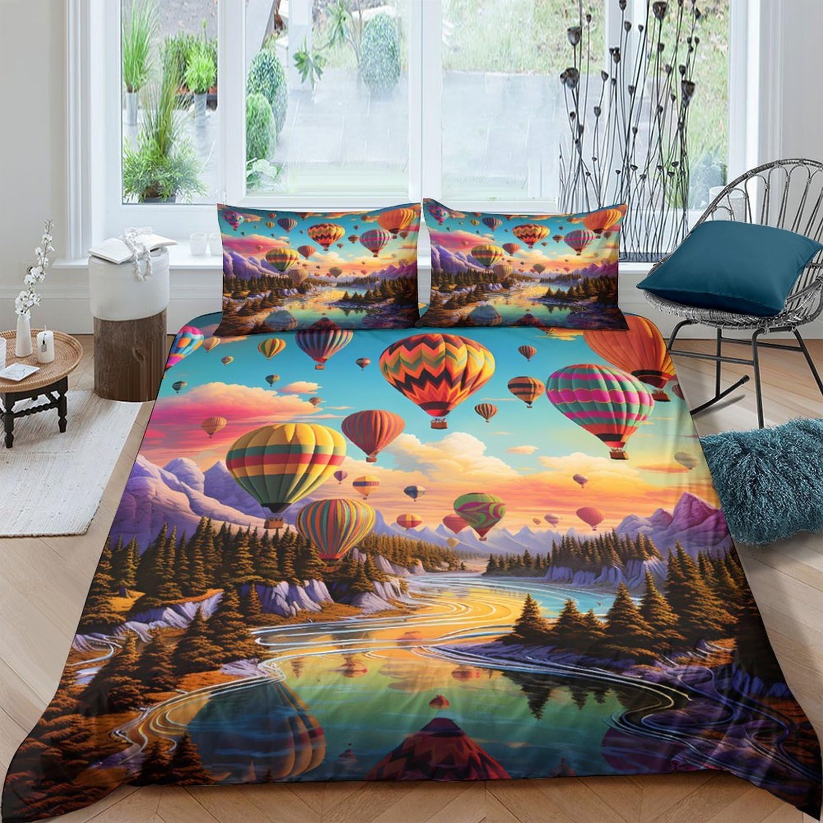Ctjqhvkz Style-9 3D Printed Hot Air Balloon Landscape Fitted Sheet Microfiber Vibrant Bed Cover For Bedroom Dorm Decor Mattress Protection Single（135X200cm）