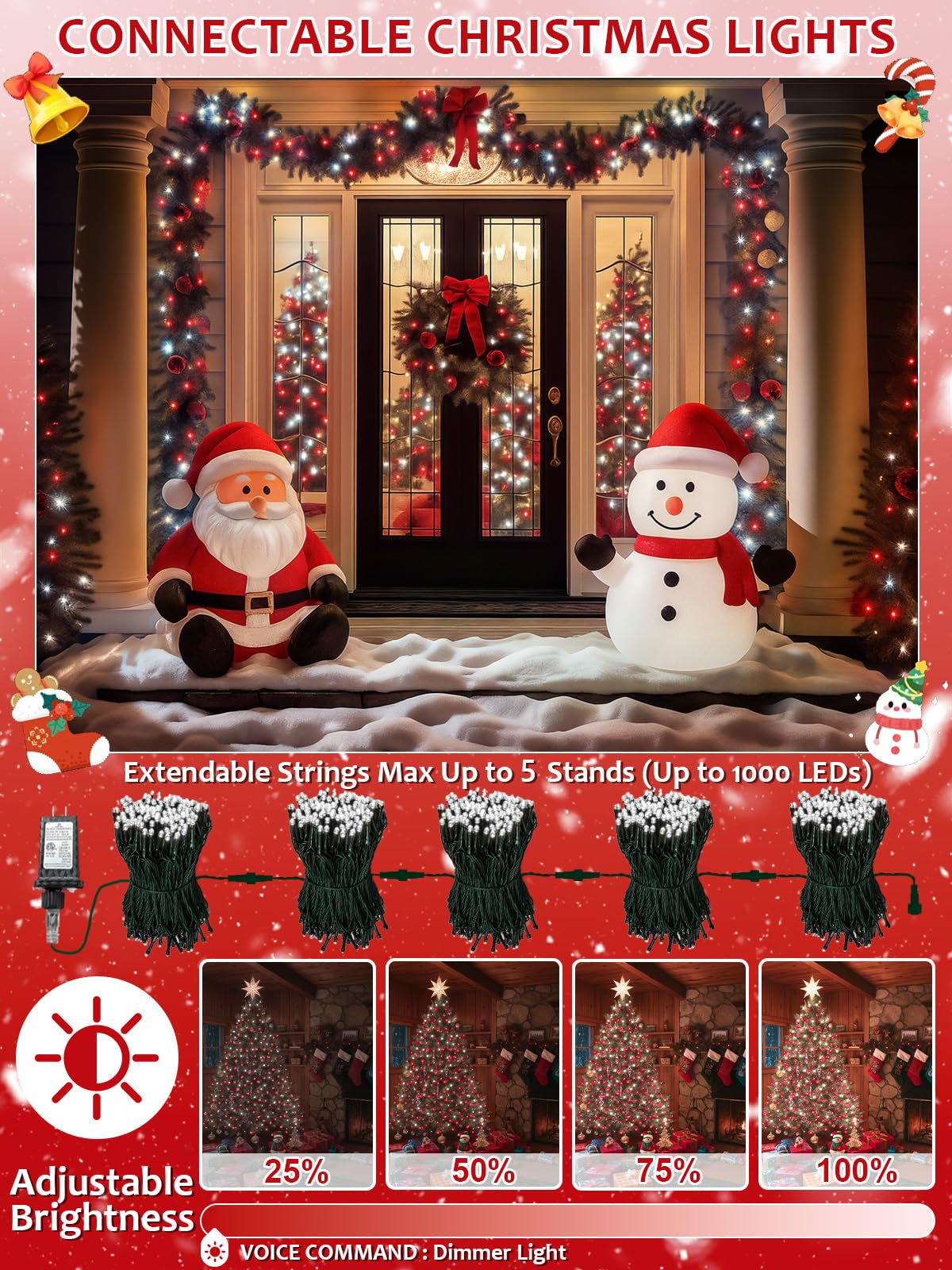 Luces de Navidad inteligentes controladas por voz para exteriores, 200 luces LED extensibles de 75 pies con 6 comandos de voz, 12 modos y temporizador, decoraciones navideñas impermeables para árbol