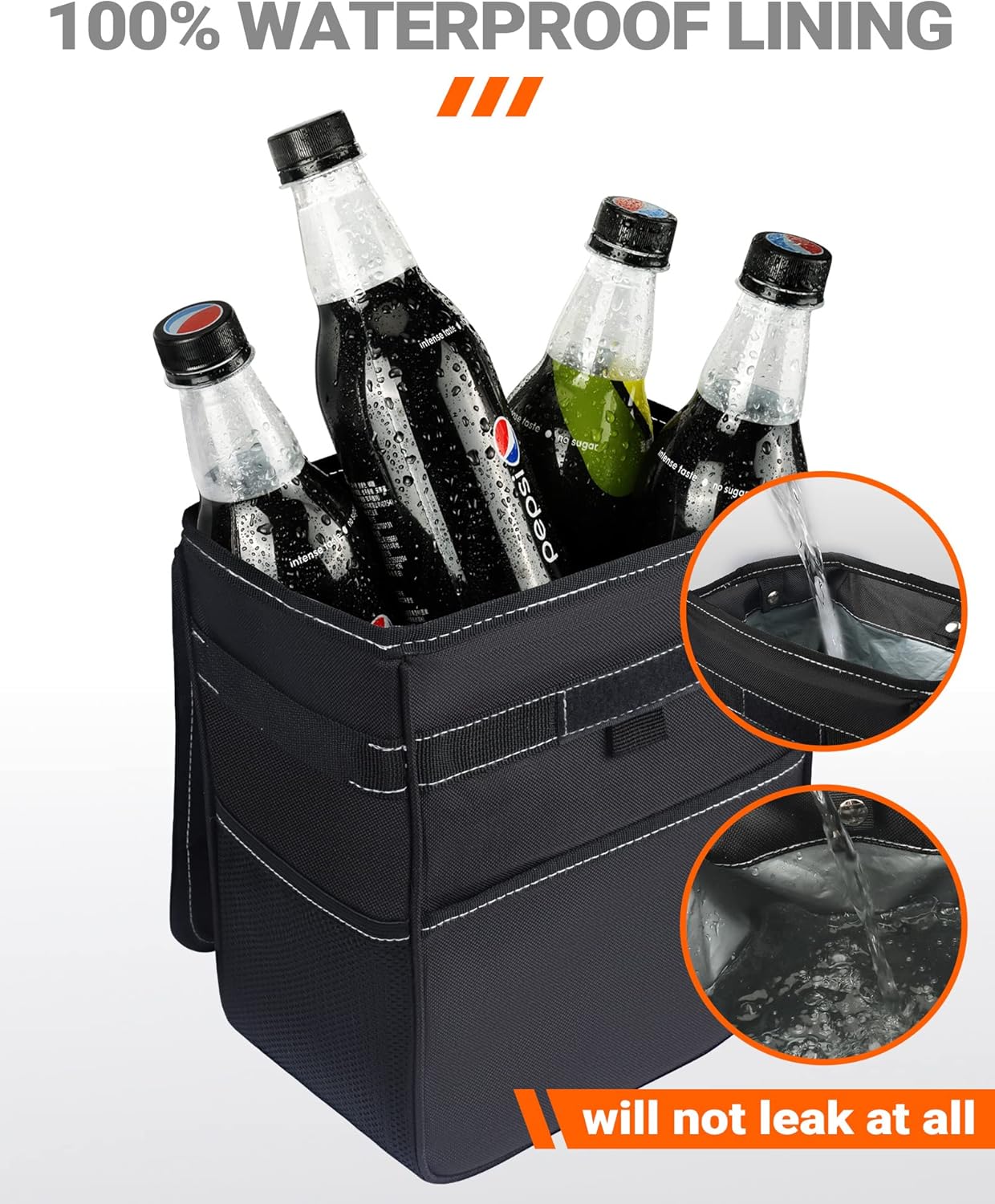 HOTOR Car Trash Can with Lid and Storage Pockets, 100% Leak-Proof Car Organizer, Waterproof Car Garbage Can, Multipurpose Trash Bin for Car - Black : Automotive