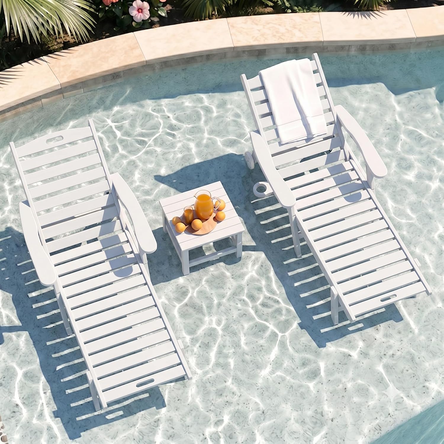 WACASA HDPE Pool Lounge Chairs Set of 2 with Wheels & Cup Holder, 6-Position Adjustable Outdoor Lounge Chair, Easy 20-Min Assembly, 450LBS Bearing, Patio Lounger for Poolside, Deck, Backyard (White)