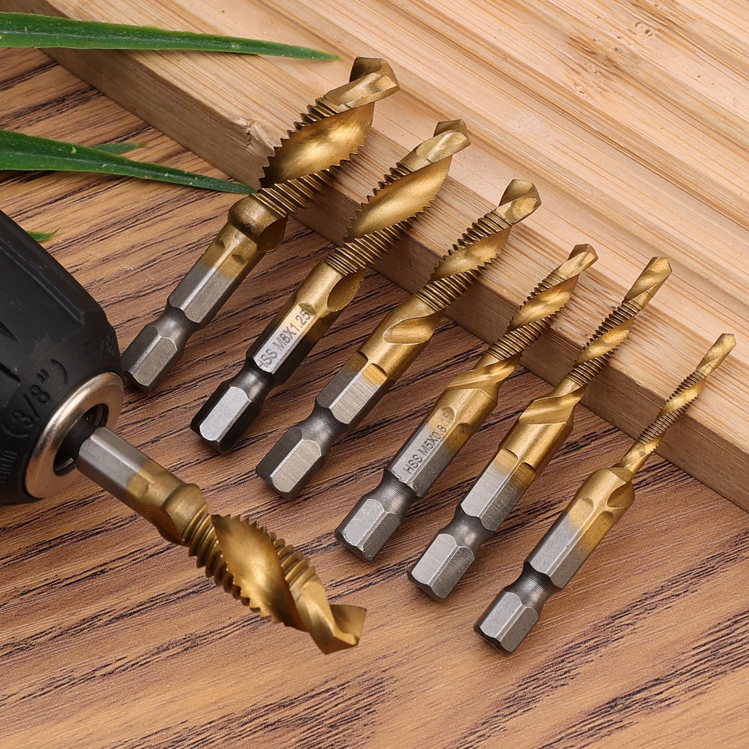 6Pcs/Set HSS Countersink Drill Bit Set, Titanium Coated Combination Drill & Tap Bit - Hex Shank Spiral Pointed Taps - Metric Sizes M3, M4, M5, M6, M8, M10