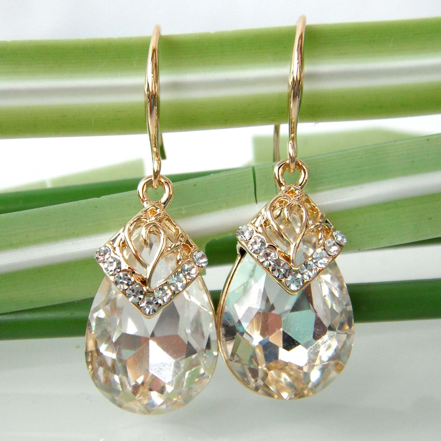 Navachi 18k Gold Plated Crystal Water Drop Flower Pattern Multicolor Zircon Dangle Drop Earrings - Image 3