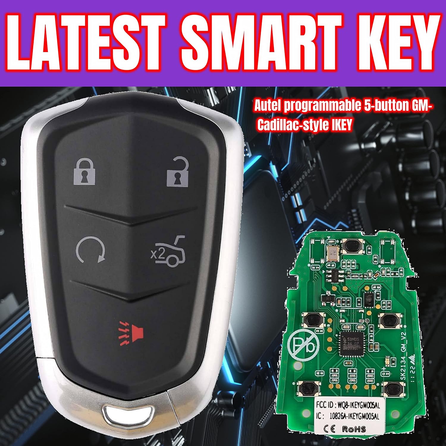 Autel MaxiIM IKEYGM5TPR programmable 5 Button Key, GM/Cadillac-Style IKEY, Lock Unlock Remote Start Trunk Panic, Keyless Entry Remote Flip Car Key Fob for GM Cadillac.