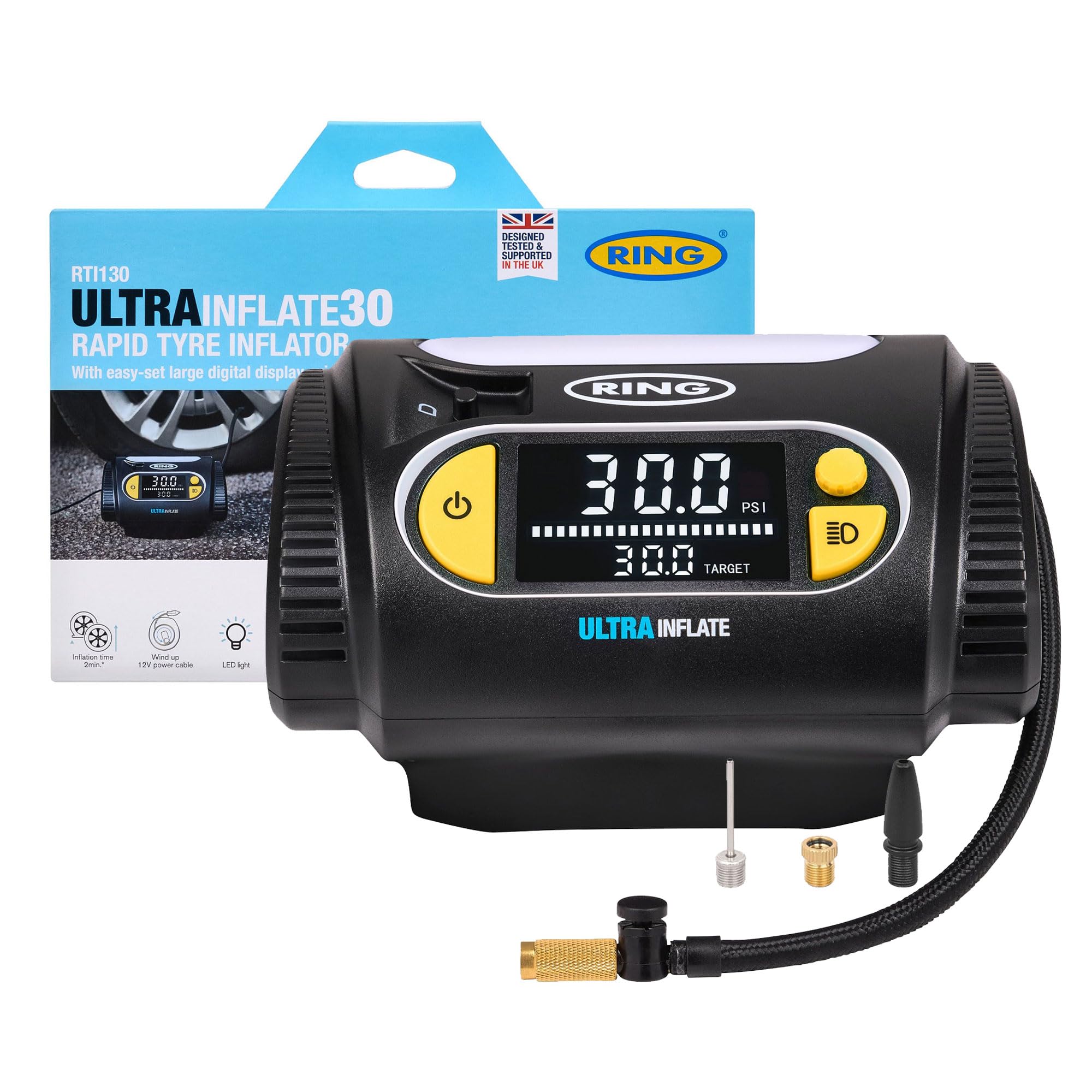 Ring Ultrainflate 30 Rapid Digital Tyre Inflator - Digital Display With Quick Set, Auto-Stop & Progress Meter 5055175260952