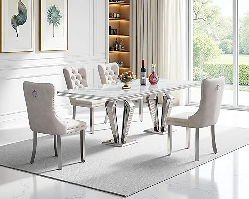 Miniatura 15 de Juego de mesa de comedor de mármol sintético, 7 piezas, juego de mesa de cocina y comedor para 6, mesa de comedor rectangular blanca de 70 pulgadas