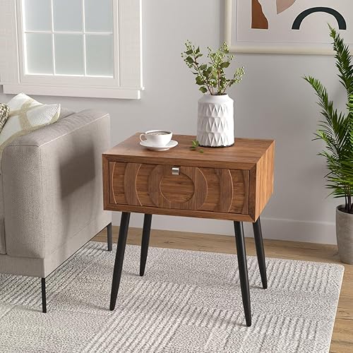 COSIEST Mesita de noche Mid-Century con cajón de almacenamiento, mesa auxiliar con patrón de panal de abeja, pequeña mesita de noche vintage para