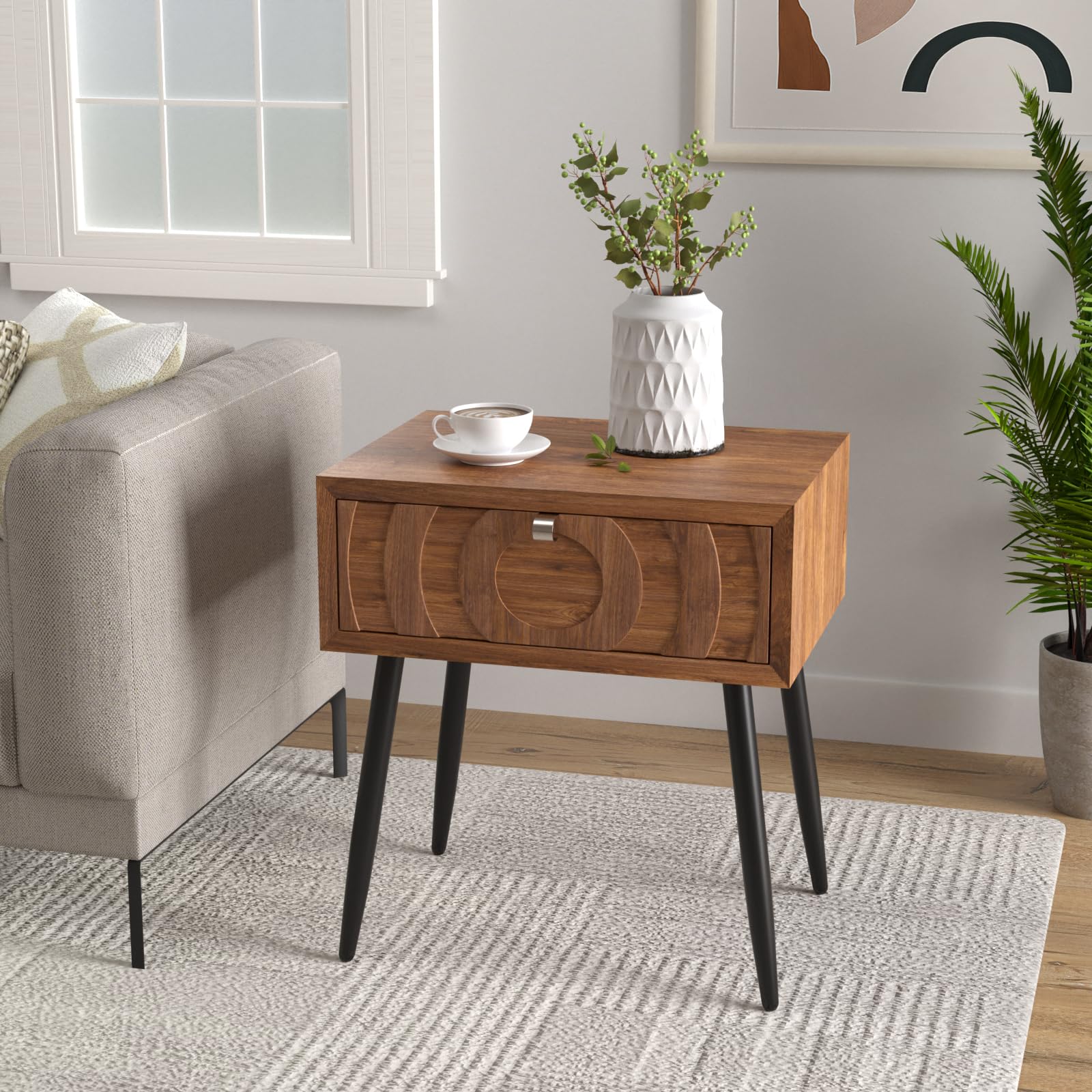 COSIEST End Table, Mid Century Modern Nightstand, Wood Bedside Table, Accent Night Stand with One Storage Drawer for Living Room, Bedroom (Brown, Circle Pattern)