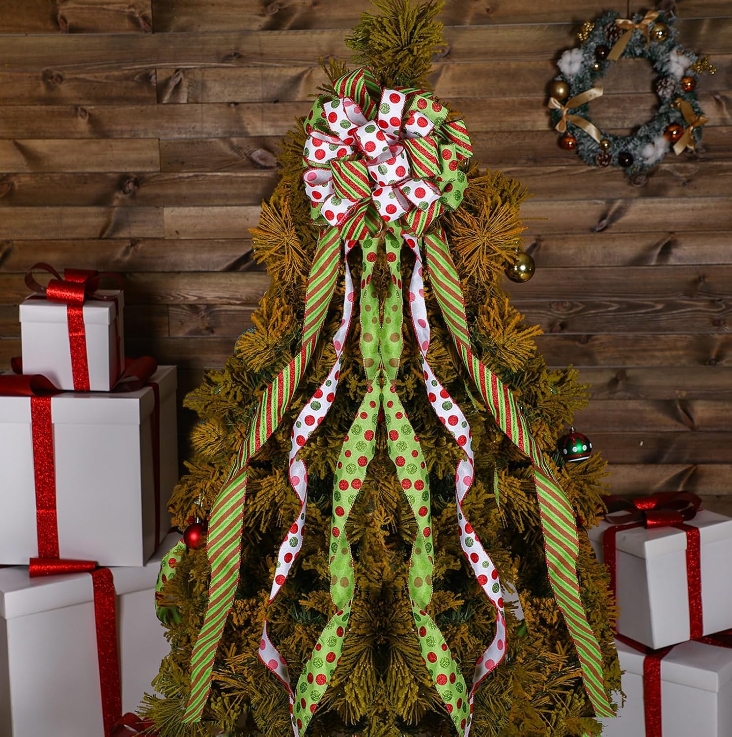 Tigeen Large Christmas Tree Bow Topper 52 x 12 Inch Red Green White Polka Dot Tree Topper Xmas Wreath Bow with Glitter Streamers for Christmas Party Indoor Outdoor Decoration Favor Supplies - Image 6