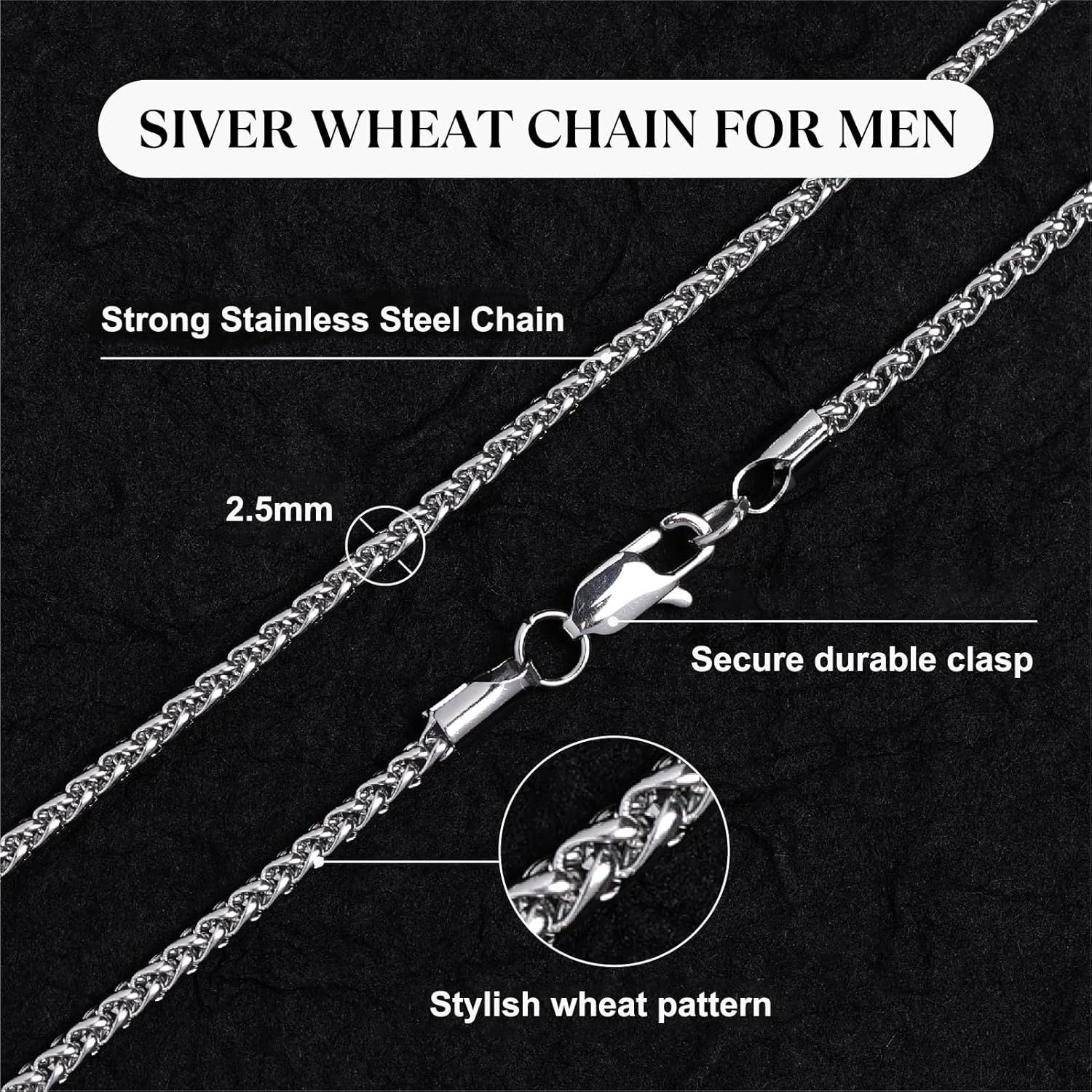 Wheat Chain Necklace for Men and Women, 2.5mm/3mm/4mm Silver Tone Stainless Steel Chain, Simple Jewelry Gift, 16-26 Inch - Image 3