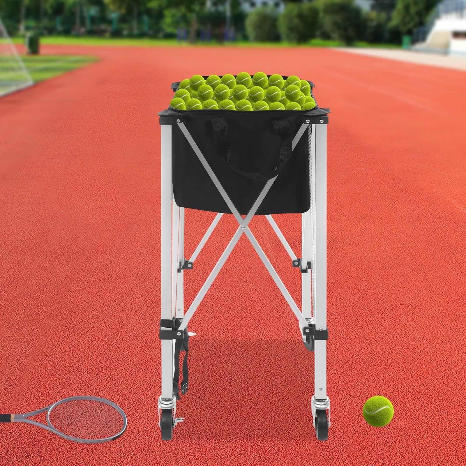 Panier à balles de tennis pliable avec roues pour balles de 150 à 170 balles en aluminium Oxford pour courts de tennis, écoles, parcs à la maison, avec poignée de transport pratique