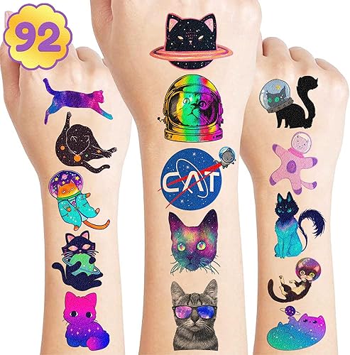 92 calcomanías divertidas de tatuajes temporales de gatos espaciales, decoración de fiesta de cumpleaños, suministros de decoración de lindos gatos