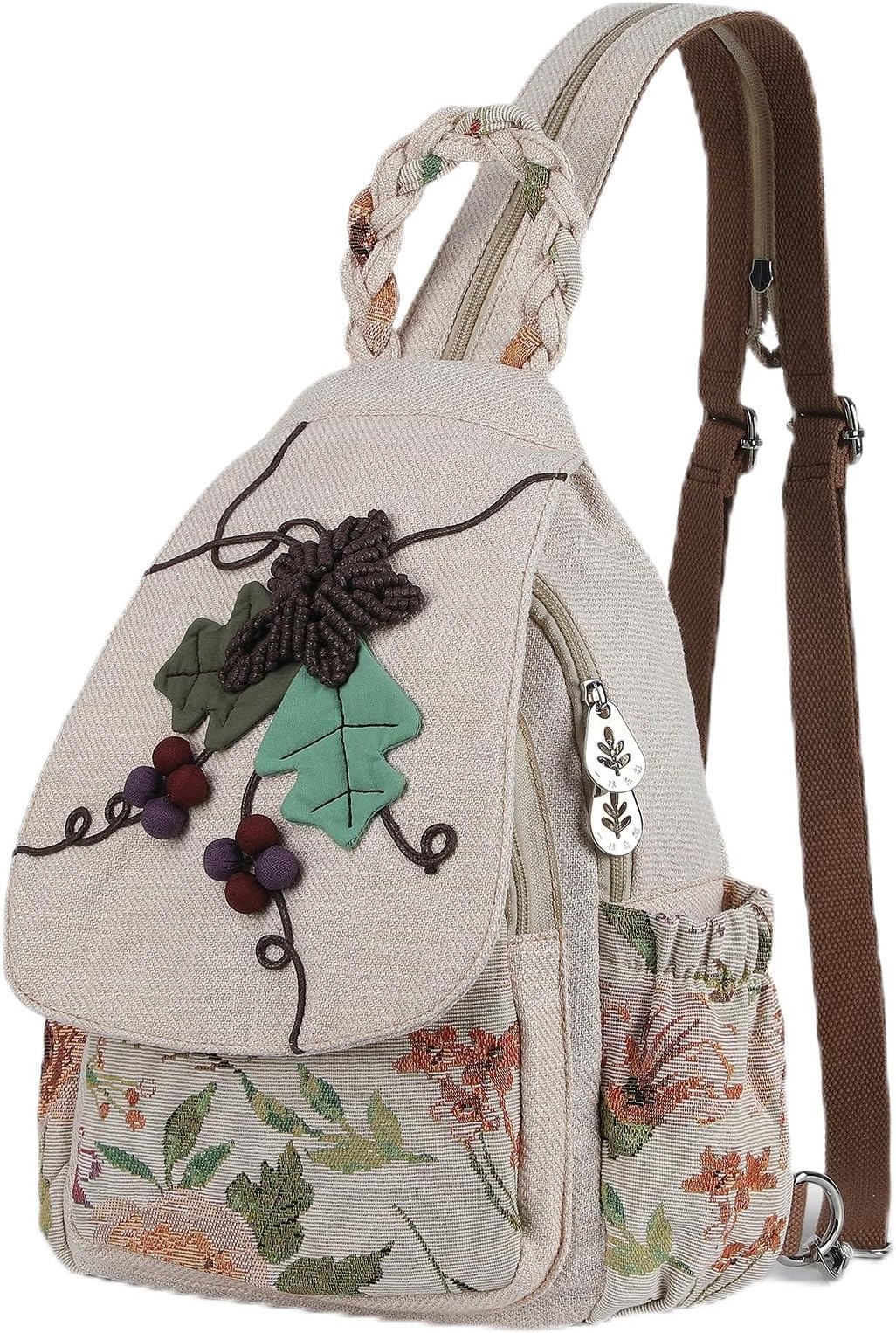 Girl's Convertible Sling Bag, Hand Craft Artisan Backpack, Beautiful Canvas Premium Casual Day Pack for Women