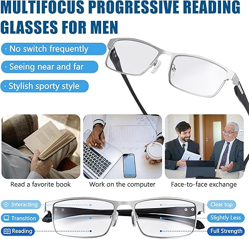 Vista 17 de Gafas de lectura fotocromáticas progresivas multifocales para hombre, transición, bloqueo de luz azul, lectores multifocales para computadora Negro