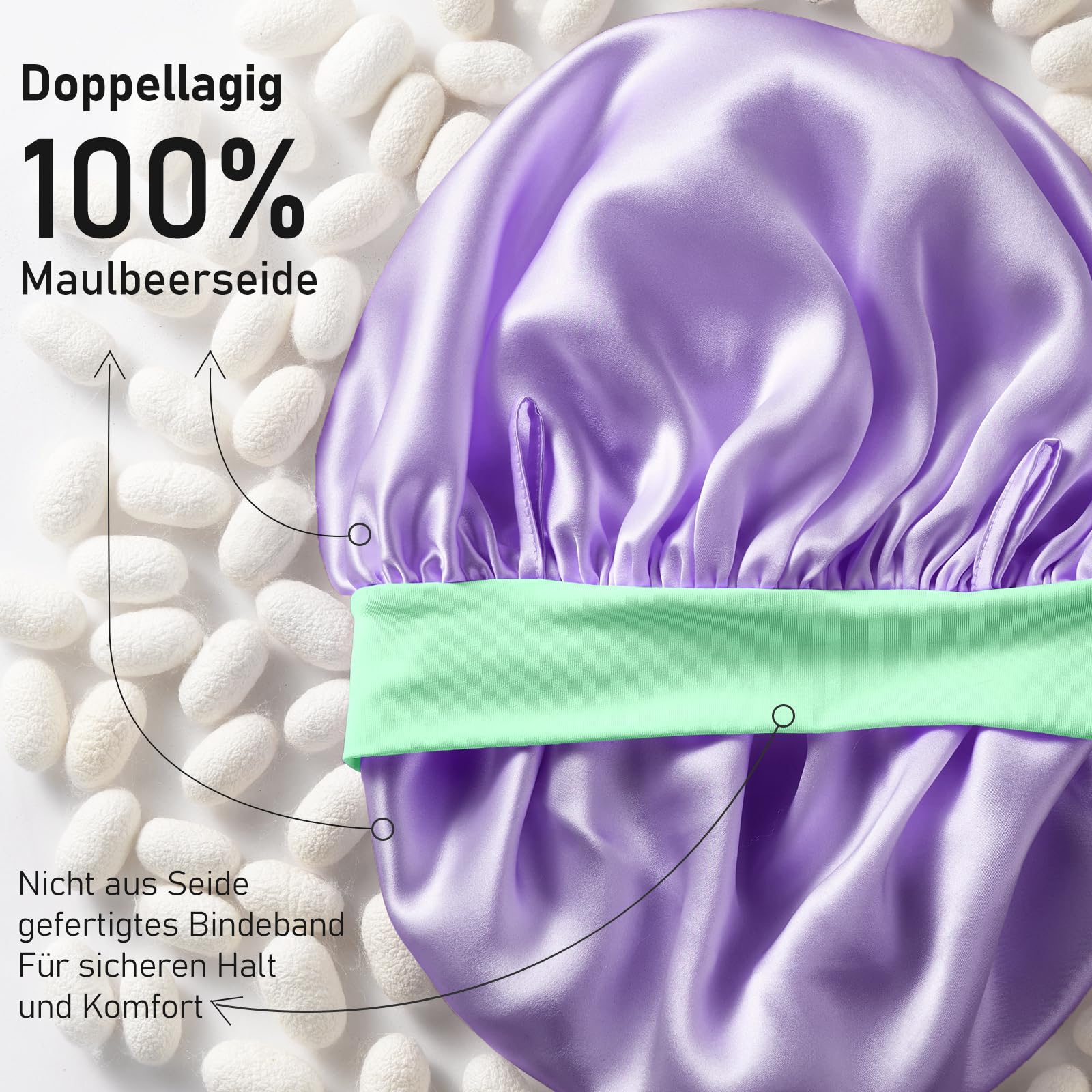 LitBear 100% Maulbeerseide Schlafhaube für Frauen, 6A 22 Momme, Große Doppellagige Seidenhaube mit elastischem Band zum Binden, rutschfeste Seidenturban (Lila und Grün)