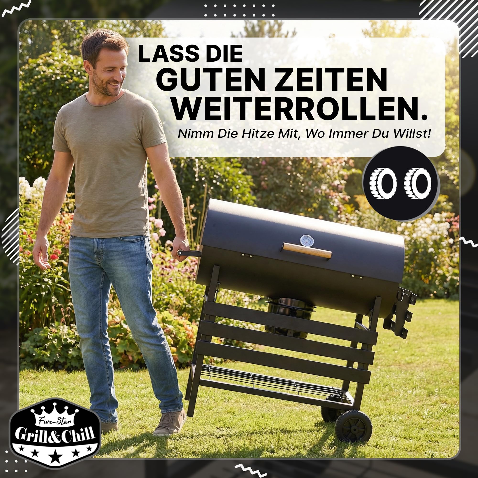 Five-Star Grill&Chill Holzkohlegrill mit Deckel – Großer Grillwagen mit Chromrost 71×35 cm & Thermometer – Für Garten & Terrasse – Aschekasten, Lüftungsöffnungen, 2 Räder