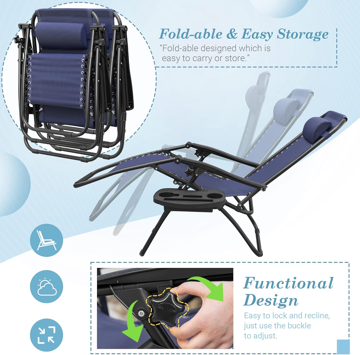 Flamaker Patio Zero Gravity Chair Outdoor Folding Lounge Chair Recliners Adjustable Lawn Lounge Chair with Pillow for Poolside, Yard and Camping (Deep Blue)
