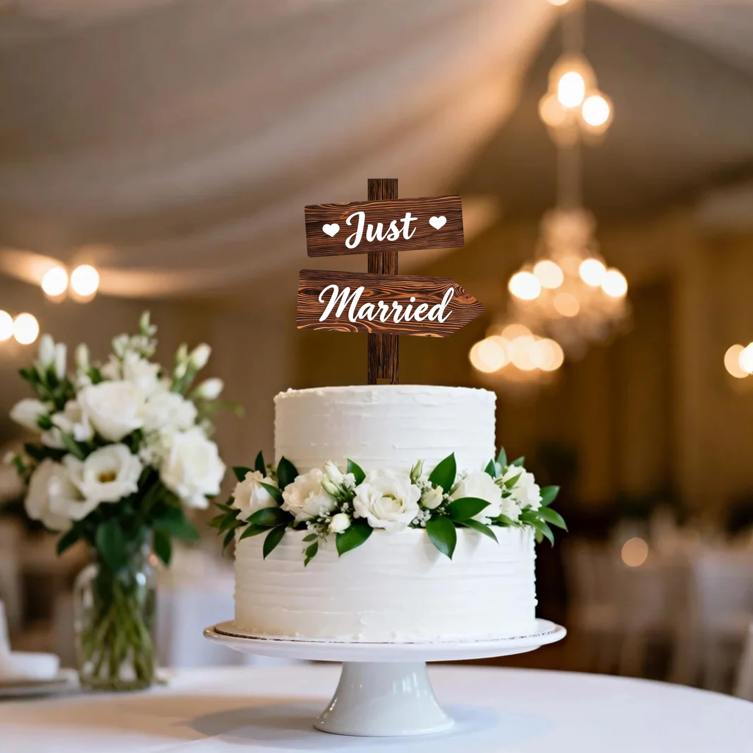 Rustic Just Married Cake Topper - Wood Wedding Sign for Bride and Groom, Bridal Shower Engagement Party Decor, Mr and Mrs Cake Topper for Rustic Wedding Theme