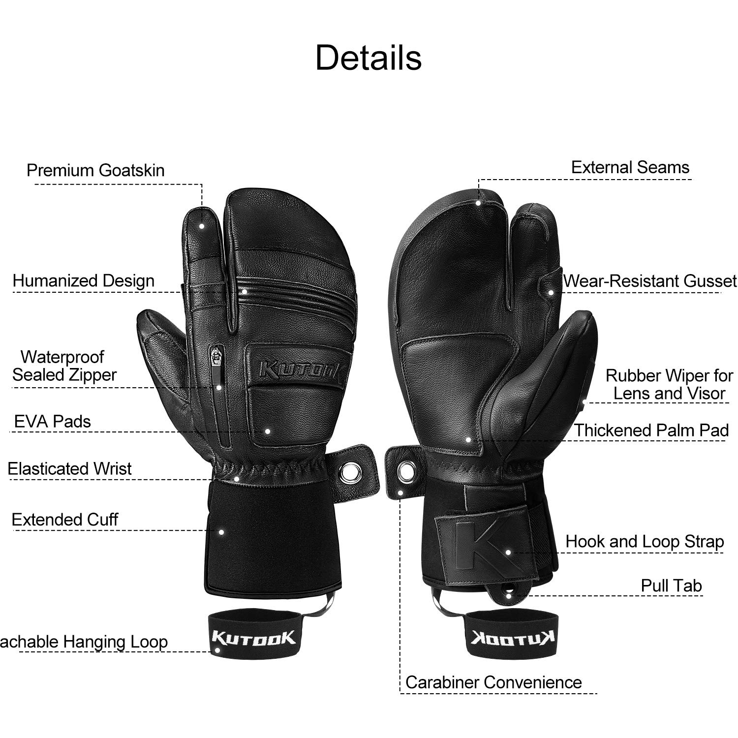 KUTOOK Gants Ski Chauffants Hiver Homme Femme Imperméable 3M Thinsulate Cuir Thermique Anti Froid Chaud Snowboard
