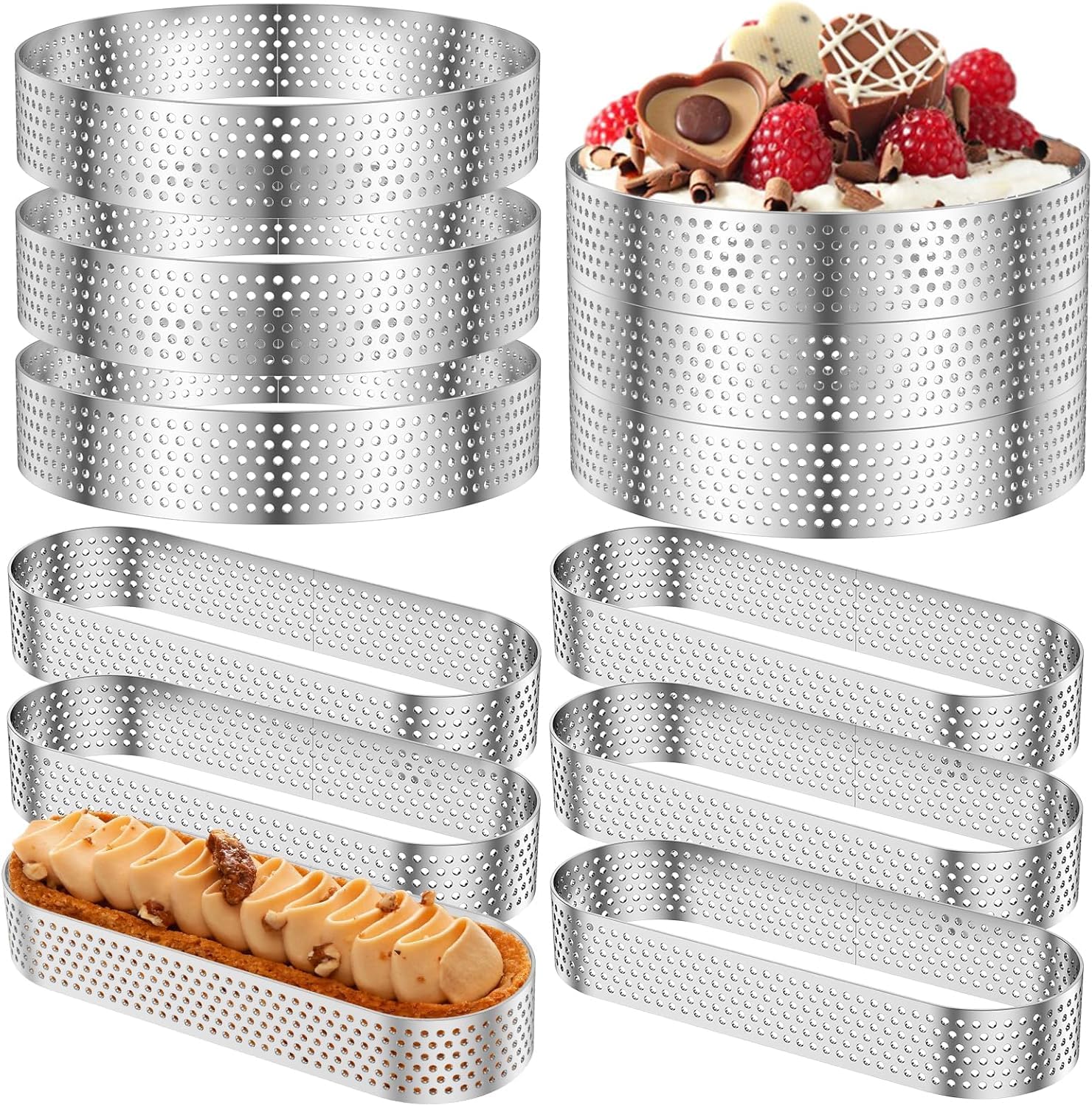 NIHUIFDPY 12 Pcs Perforated Tart Rings, Stainless Steel Mousse Cake Moulds Set (6 Round 10cm & 6 Oval), Heat-Resistant Bottomless Dessert Rings for Baking Quiche, Pastry & Tartelettes-image-28