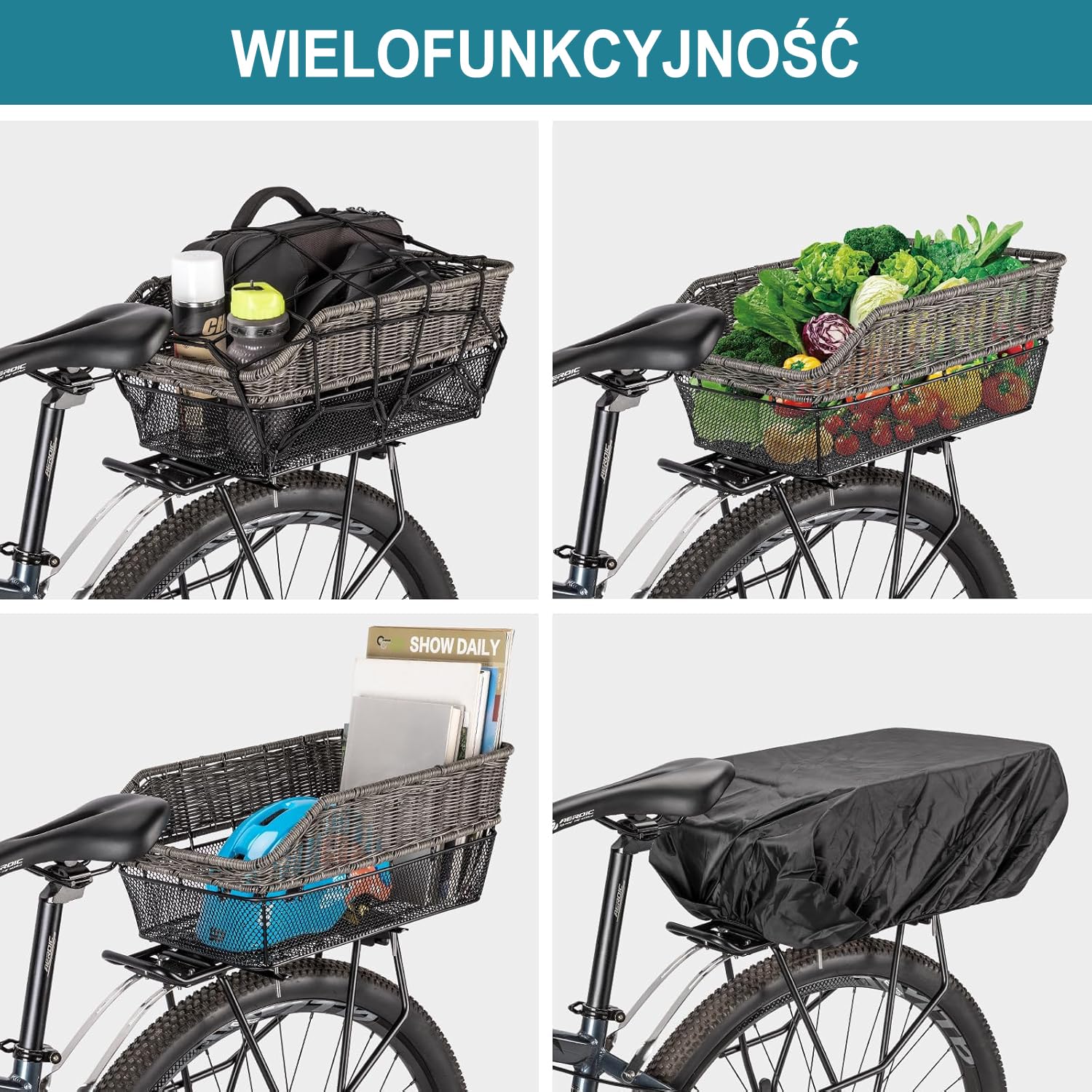 CXWXC Tylny kosz rowerowy z siatką ładunkową i grubą podszewką rowerową