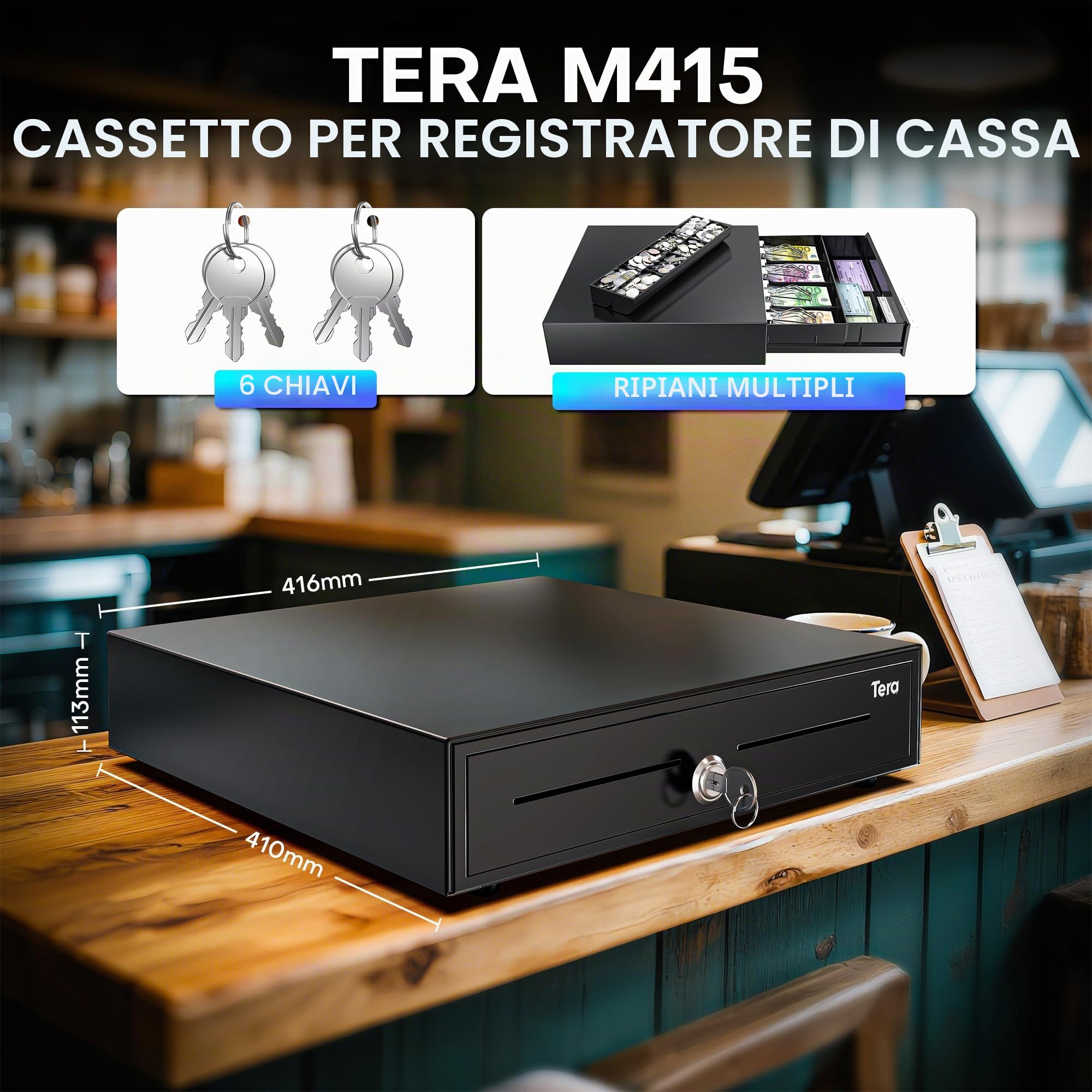 Tera Cassetta portavalori chiudibile a chiave, scomparto monete: 4 scomparti per banconote, 8 scomparti per monete, 41 x 41,6 x 11,3 cm, con inserto RJ12, chiavi per registratore di cassa