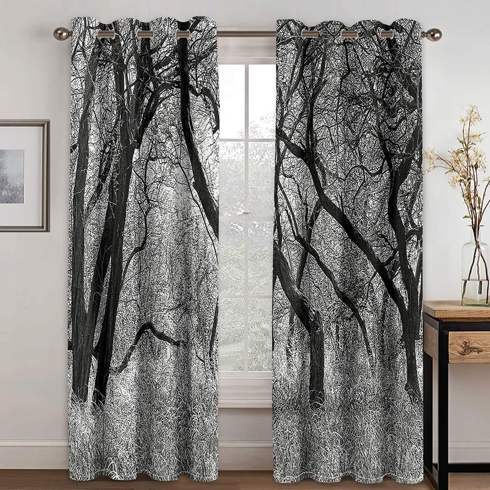 Wycian Rideau Cuisine Farmhouse Rideau De Cuisine Taupe Gris Noir 2 Pièces Polyester Paysage D'Arbres 137L X 274H Cm Mode Classique Mise À Niveau 3.0