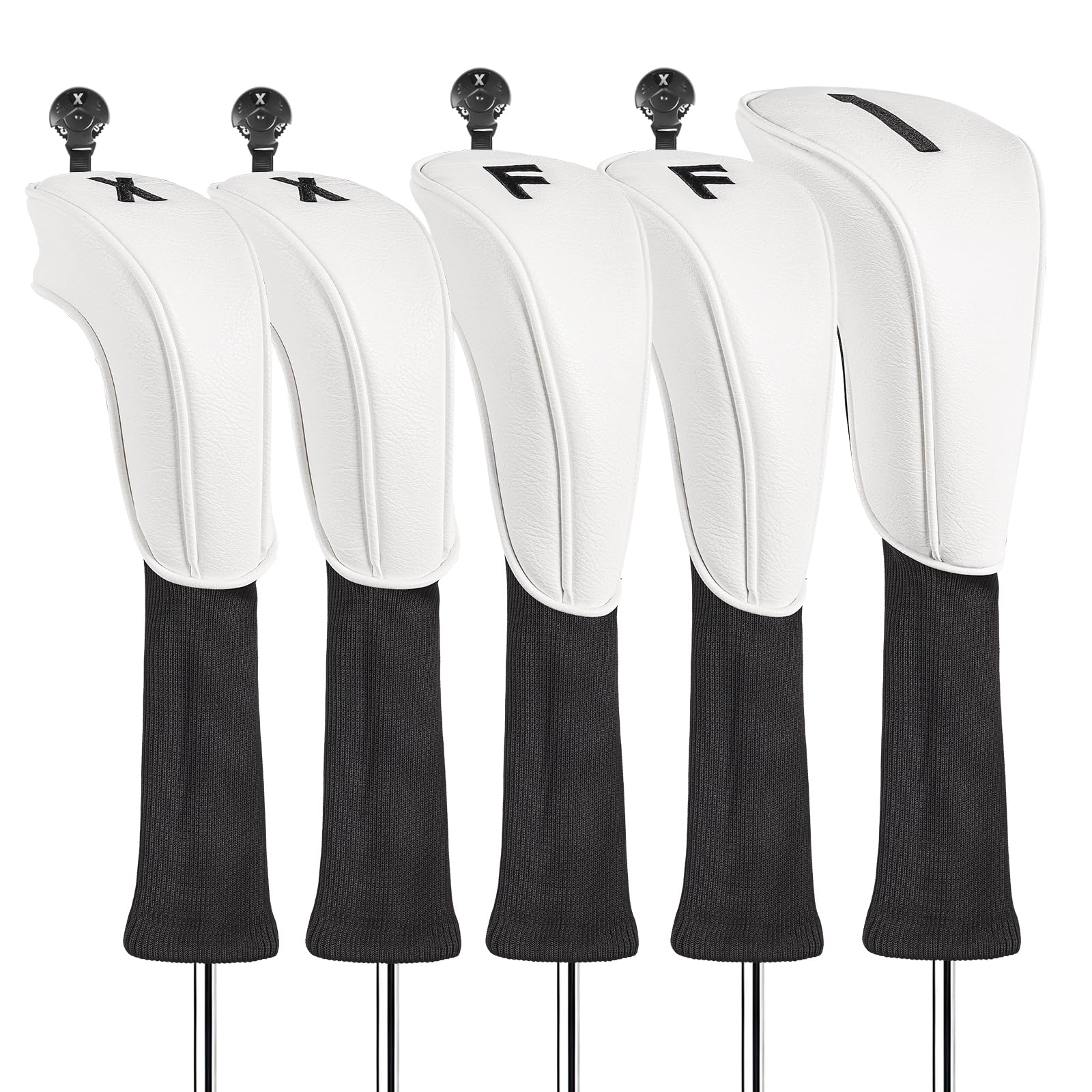 FINGER TEN Premium PU Leather Golf Wood Headcovers for Driver Fairway Hybrids 3 or 5 Pieces, Long Neck Covers with Embroidered Labels & Interchangeable No. Tags Fit Men Women (White-5 Pieces)