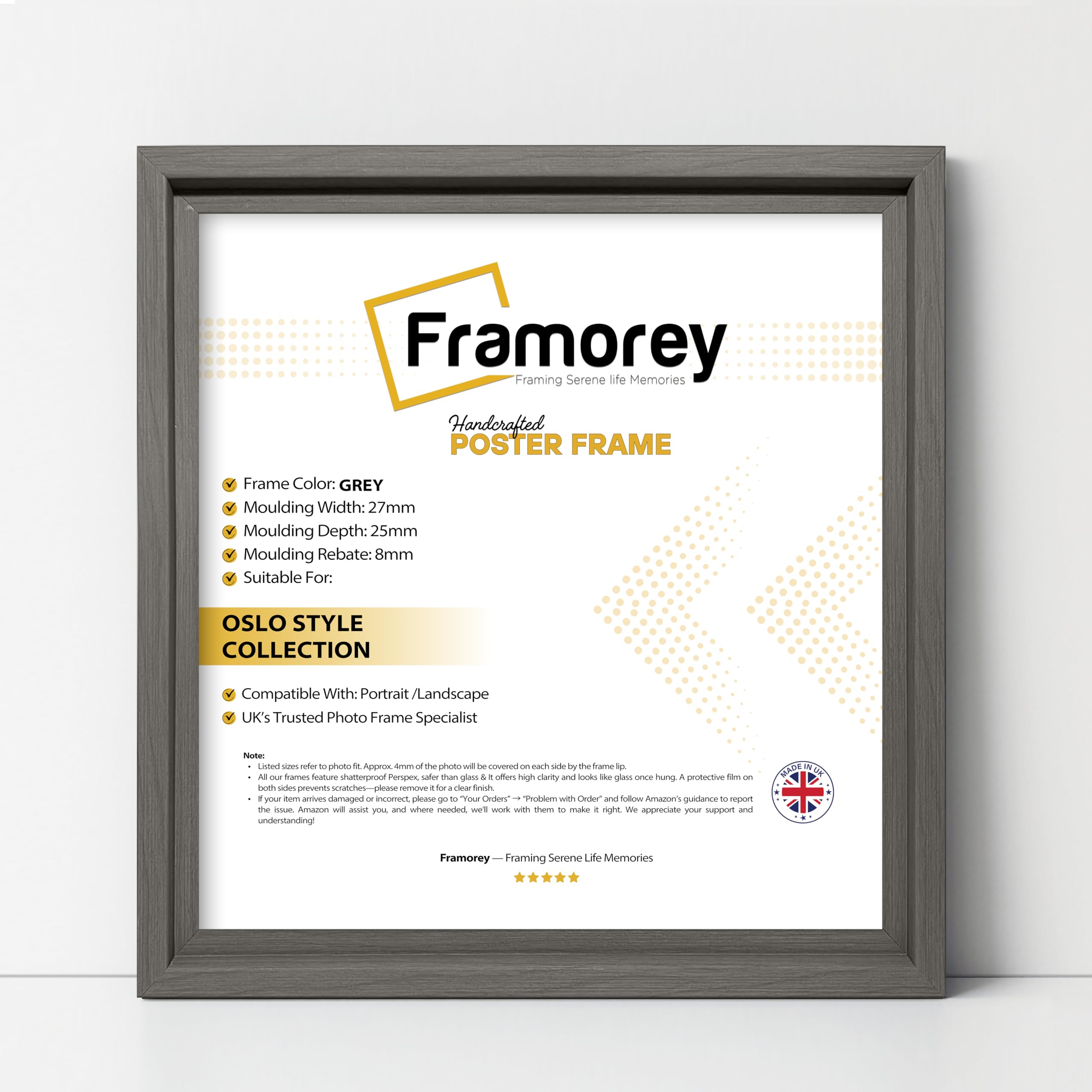 Framorey Framing Serene Life Memories Grey Framorey Square Size Picture Frame, 7X7 Inch Size Photo Frame, Oslo Style Poster Frame, With A High Clarity Styrene Shatterproof Perspex Sheet