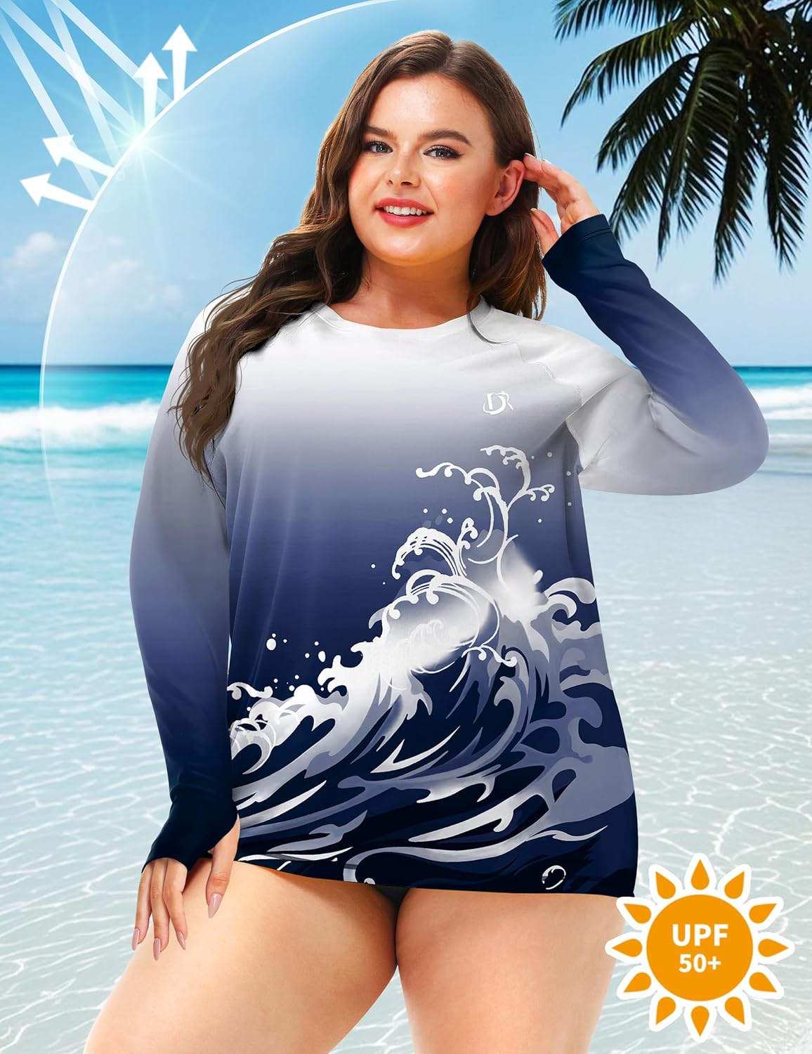 Deerose Womens Plus Size Rash Guard Long Sleeve Swim Shirts with Thumb Hole