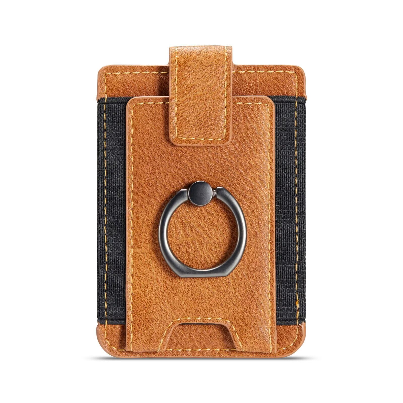 Phone Card Holder Leather Wallet Credit Adhesive Cell Case Stick-on Card Holder for Women and Men Back of Phone for Most of Smartphones(Brown)