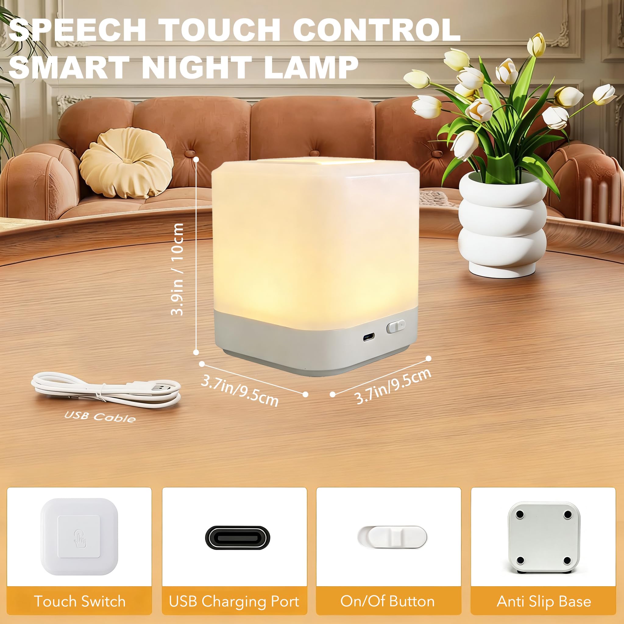 Touch Lamp for Nightstand Speech Control Bedside Lamp Touch Control for Bedrooms Smart Rechargeable Night Light Eye Caring — view 9