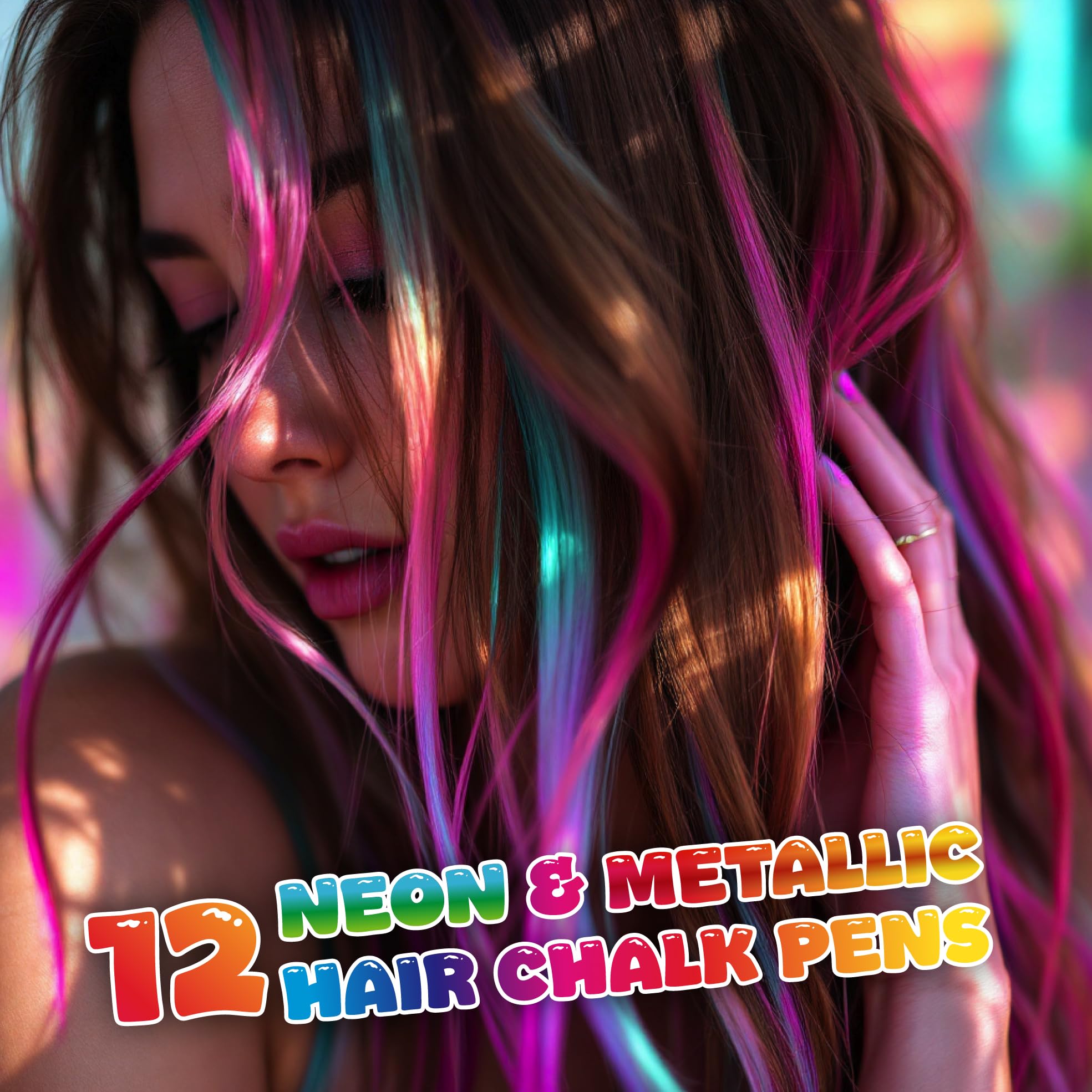 12 Haarkreiden, 12 neon- und metallische Haarkreiden, ungiftig, leicht waschbar, bunt, metallisch und neonfarben, perfekt für Festivals, Halloween, Partys, Haarkreiden für Mädchen