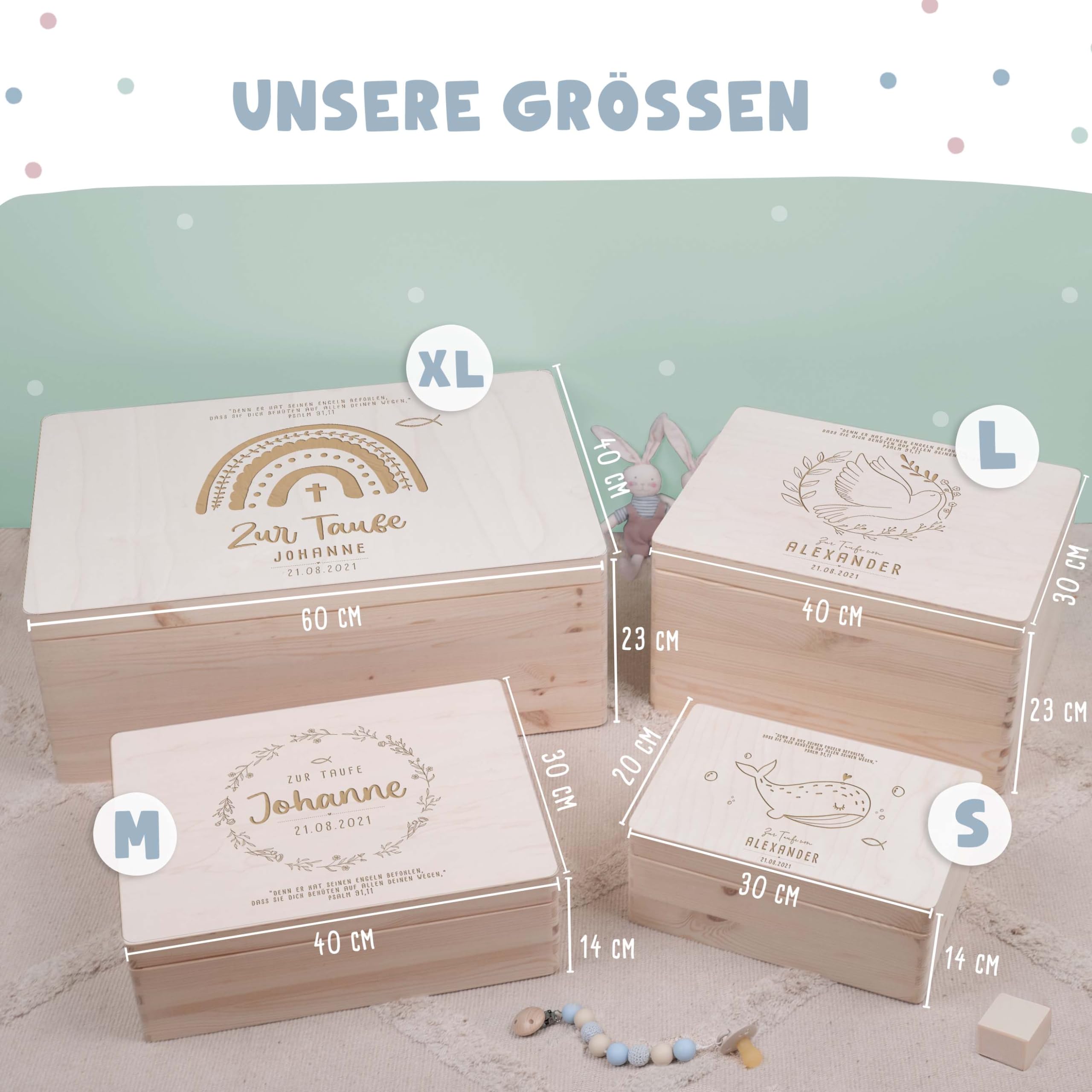 hellomini Personalisierte Erinnerungskiste aus Holz mit 3D-Namenszug – Geschenk zur Geburt, Taufe, Geburtstag – Kiste für Baby Andenken – Motivdruck oder Gravur (Gravur - Blumenkranz, XL: 60x40x23cm)