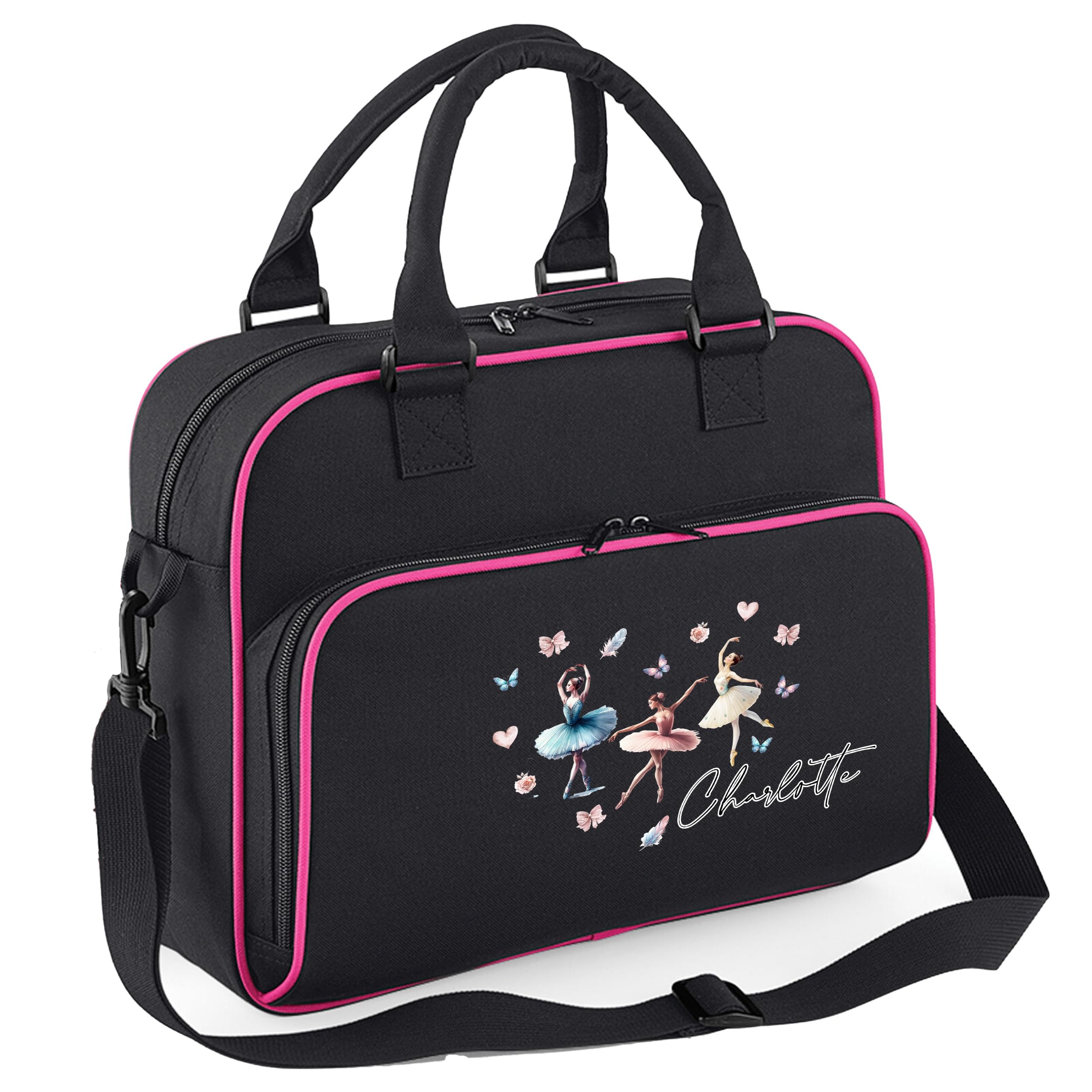 Personalised Ballerina Heart Junior Dance Bag Girls Ballet School Dancing Class Custom Name Kit Bag Kids, One Size, Black