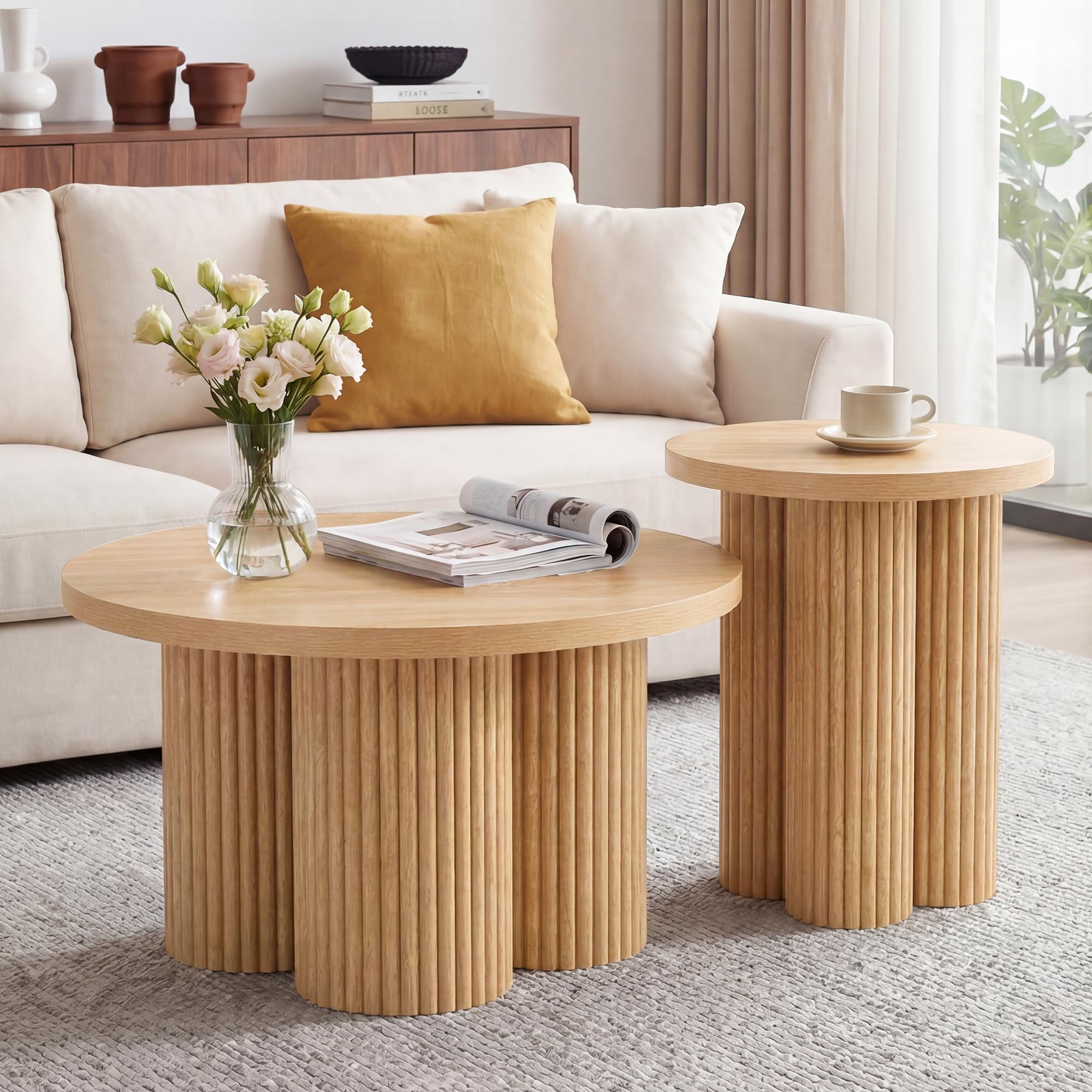 Nesting Coffee Tables Set of 2 Fluted Round Coffee Table (Natural)