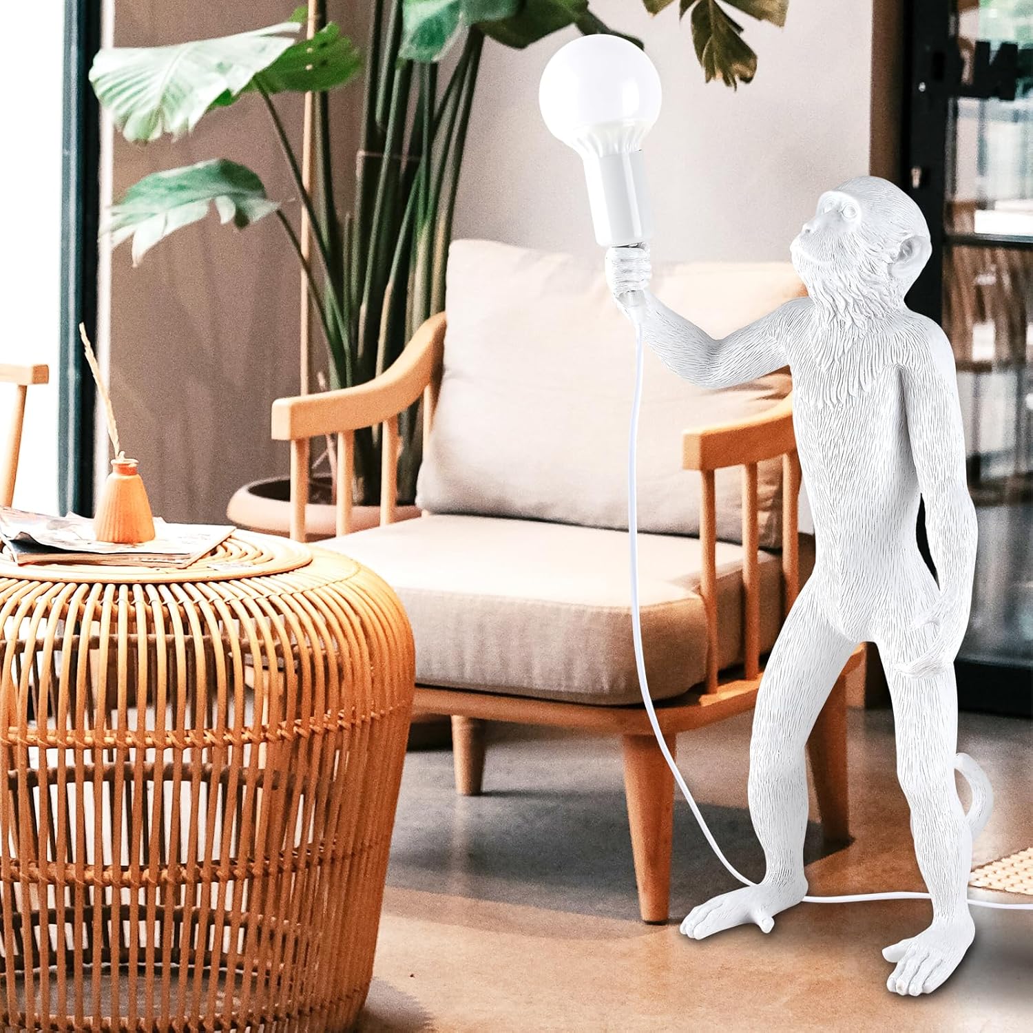 Modern Resin Standing Monkey Table Lamp,Desk Lamp,Animal Lamp,Bedside LED Light for Home Decor,Living Room, Bedroom, Home Office, Kids Room(White-Standing)