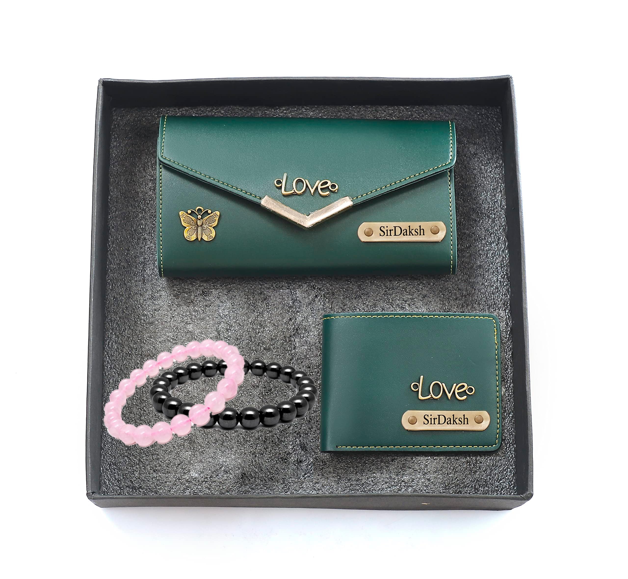 Personalized Couple Gift Customized Name Printed Mens Wallet & Womens Purse Clutch Combo with Tourmaline & Rose Quartz Healing Bracelets Gift for Couples Wedding Marriage Engagement (Olive Green)-image-35