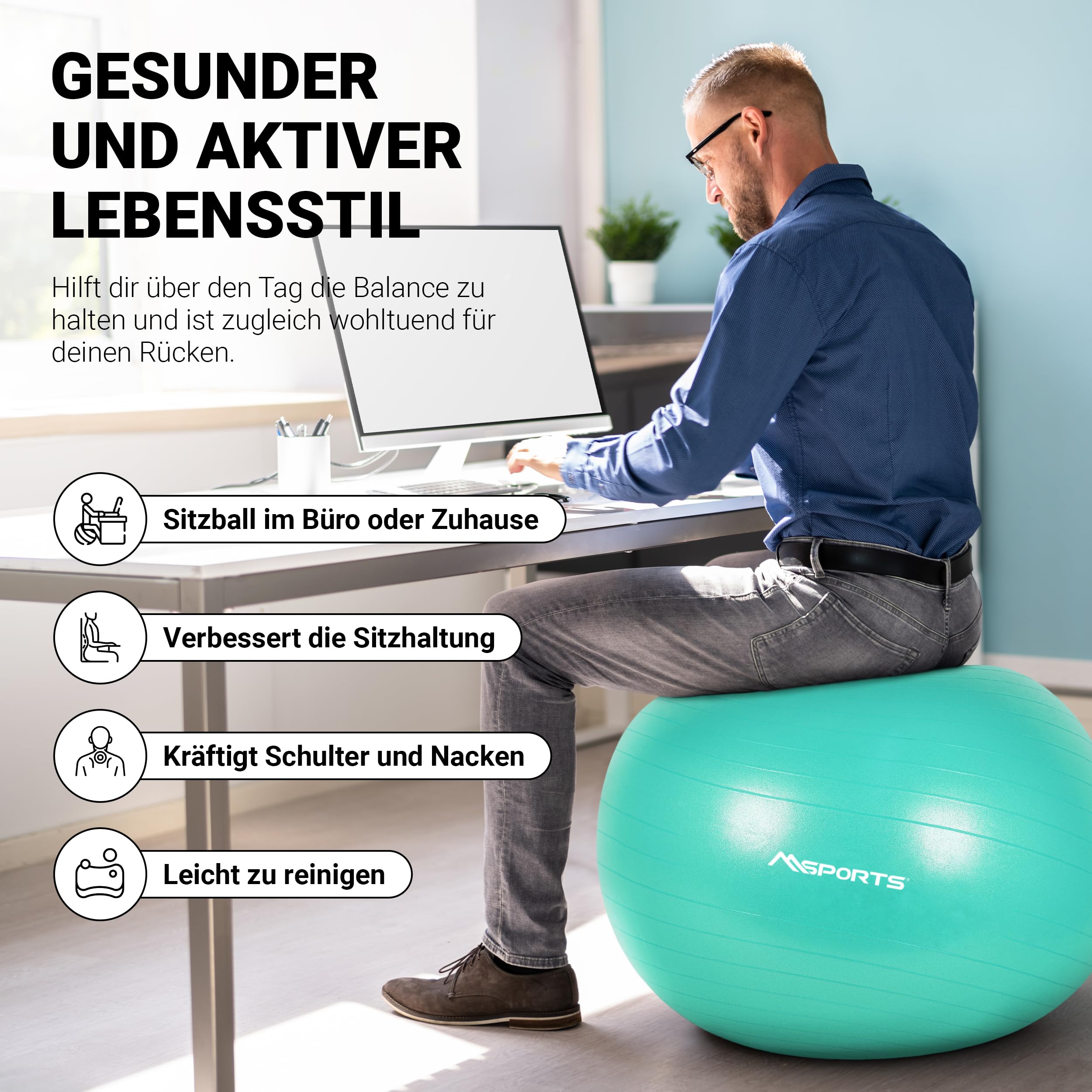 MSPORTS Gymnastikball Premium | Pilates Ball - Anti Burst inkl. Pumpe + Workout App + Übungsposter | Pezziball 55 cm - 105 cm Medizinball - Fitnessball Sitzball