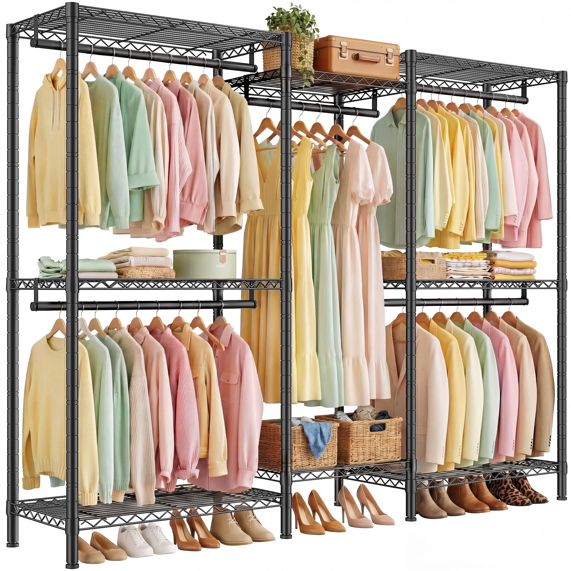 REIBII 378kg Strong Heavy Duty Clothes Rail with Adjustable 8 Shelves and 5 Hanging Rods,195Hx190W x 45Dcm Liner Shape & L-Shape Freestanding Clothes Rail for Bedroom, Walk-in Closet, Black