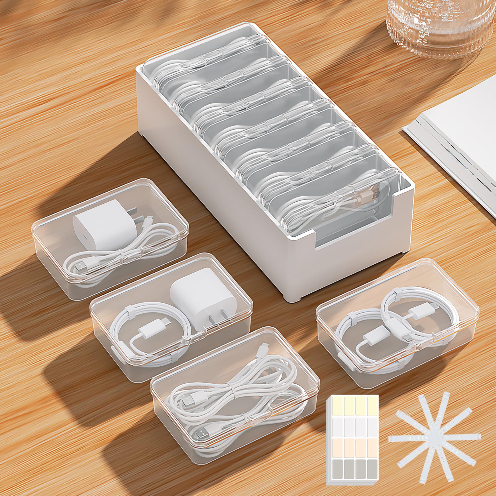 7 etui do przechowywania kabli z paskami kablowymi i naklejkami z etykietami, podróżny organizer na kable do ładowania, przewody USB, słuchawki, organizacja szuflad do domu i biura (7 etui + 7 pasków