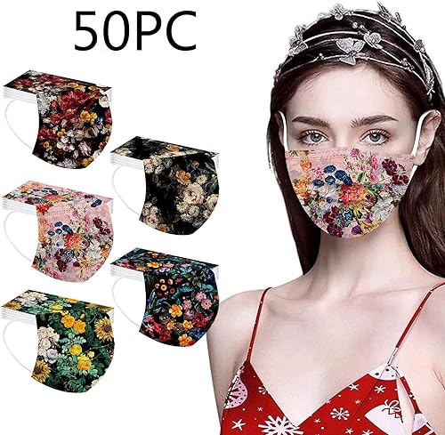 Miniatura 2 de 50 mascarillas desechables con estampado floral de primavera con diseño para mujer patrón de flores 3 capas de protección con alambre para la nariz