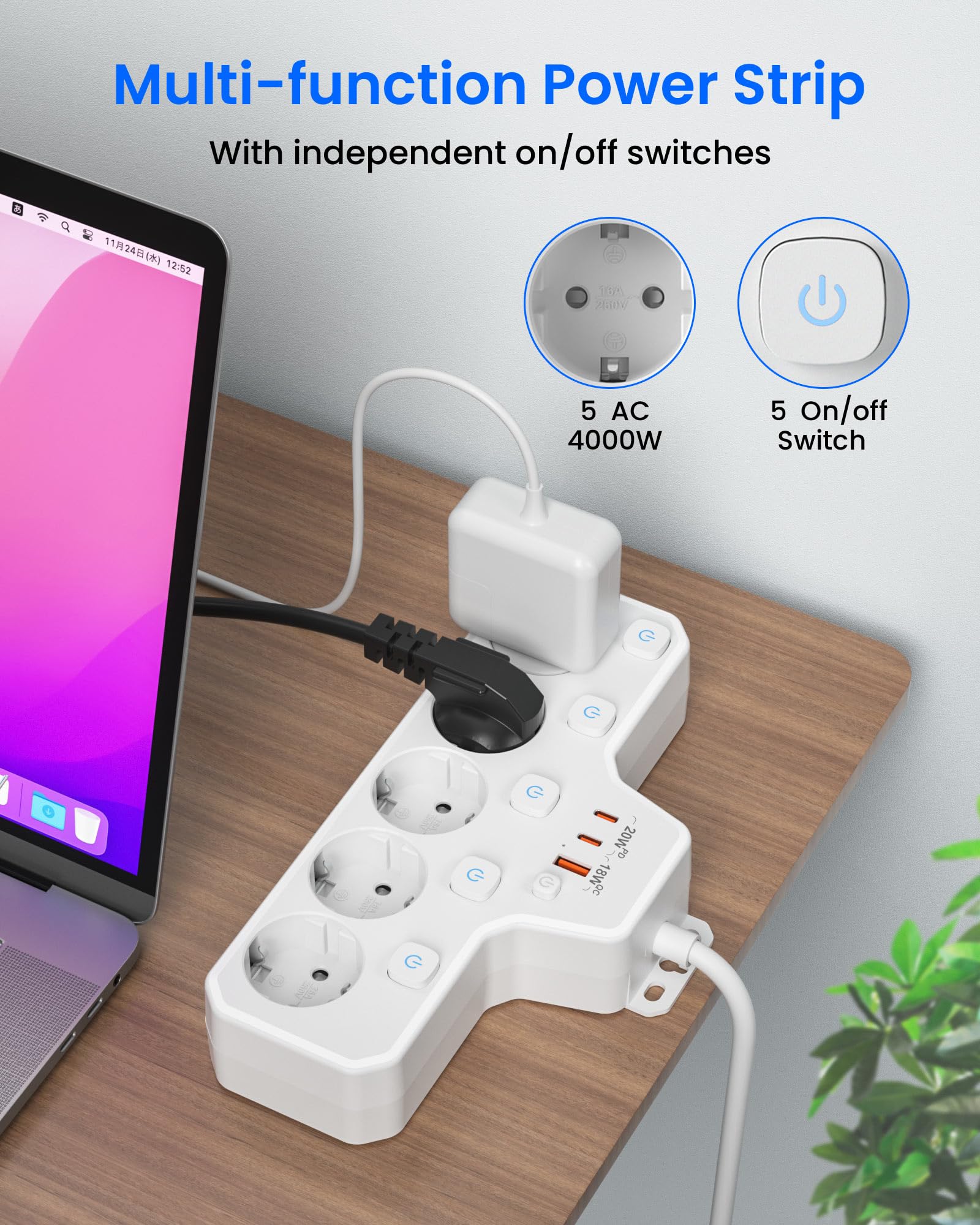 Regleta Enchufe Plano,PD20W Regleta 5 Enchufes con USB C,Ladron Enchufes con Interruptor,Enchufe Multiple Pared Extraplano,5 Tomas Proteccion Sobretension Alargador 2M Cable para Hogar Oficina,Blanco