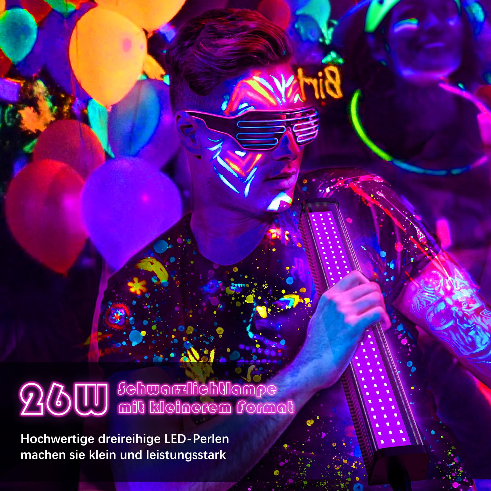 Glostars 2er 26W Schwarzlicht LED, 1Ft Röhre mit Stecker & Schalter, 395nm Schwarzlichtlampe, UV Lampe für Schwarzlicht Party Deko, Disco [Energieklasse A]